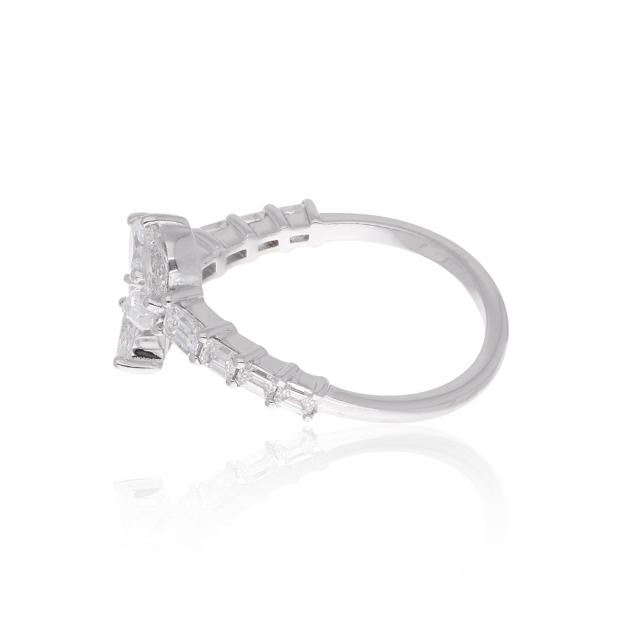 Pear & Emerald Cut Diamond Leaf Cuff Ring 14 Karat White Gold Handmade Jewelry For Sale 2