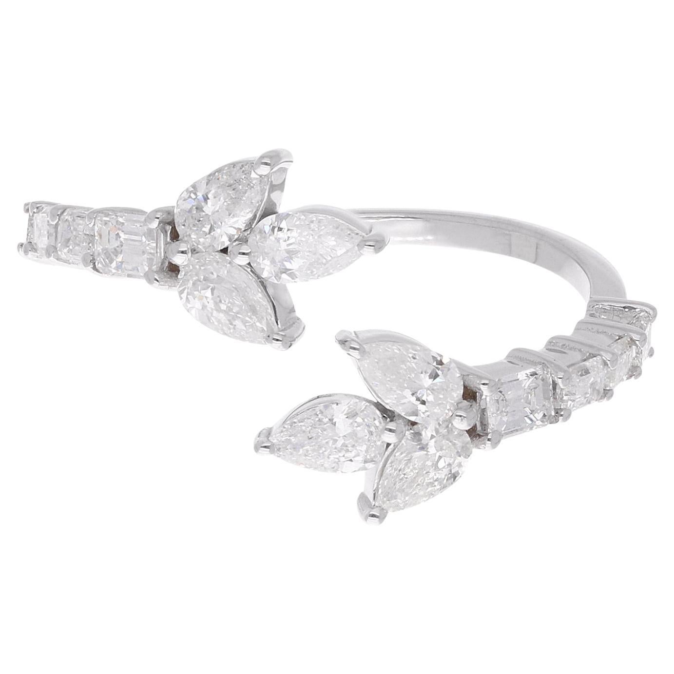 Pear & Emerald Cut Diamond Leaf Cuff Ring 18 Karat White Gold Handmade Jewelry For Sale