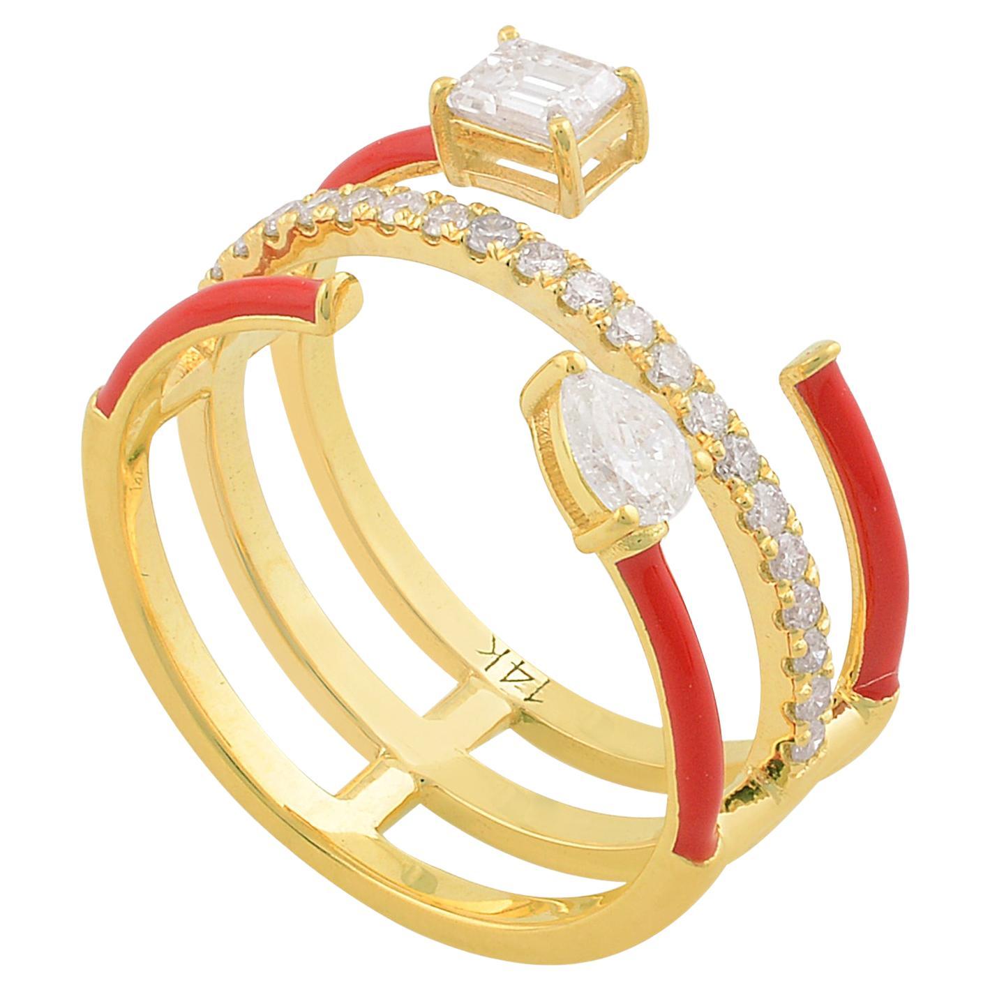 Pear Emerald Cut Diamond Red Enamel Cuff Ring Solid 14k Yellow Gold Fine Jewelry