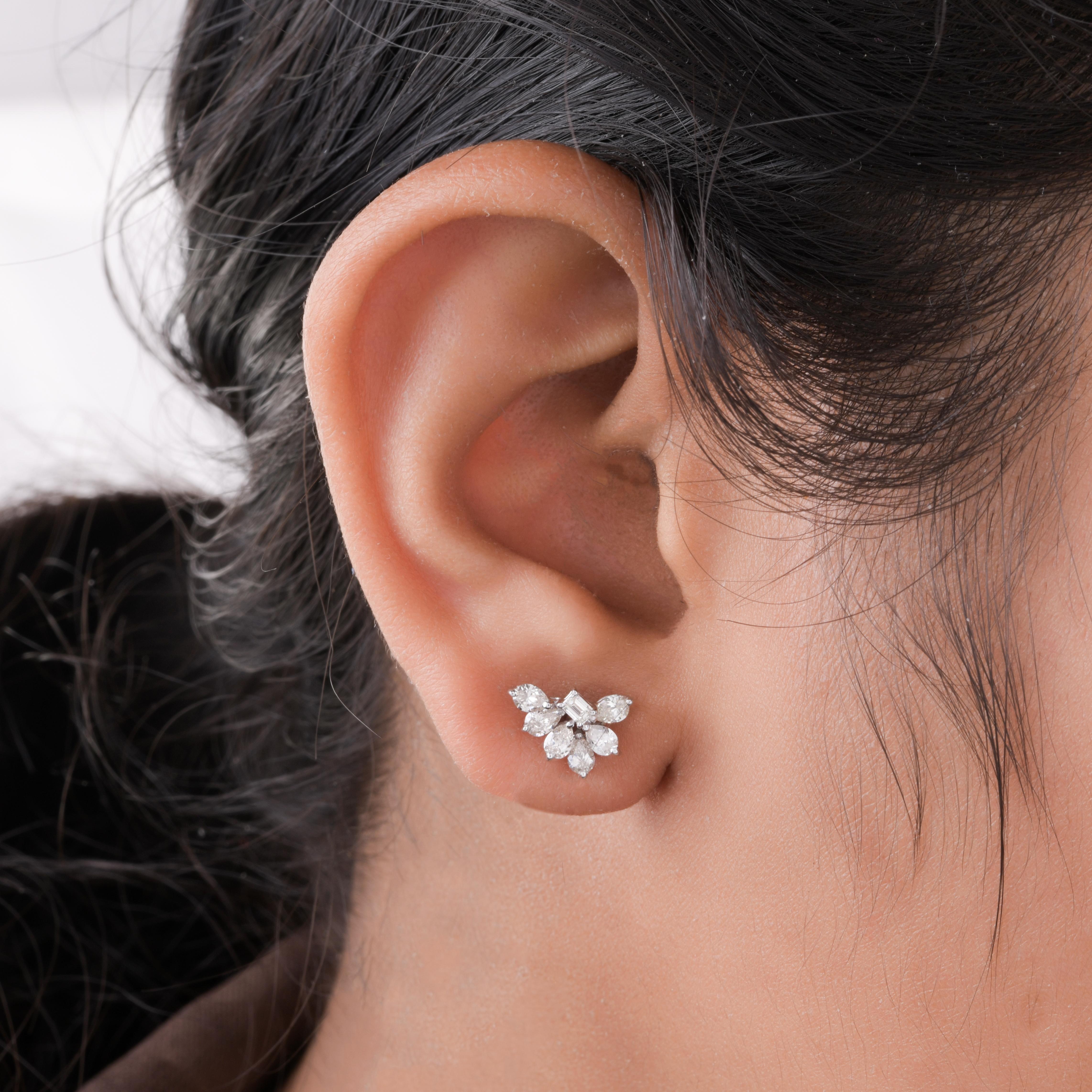 Women's Natural Pear & Emerald Cut Diamond Stud Earrings 18 Karat White Gold Jewelry For Sale