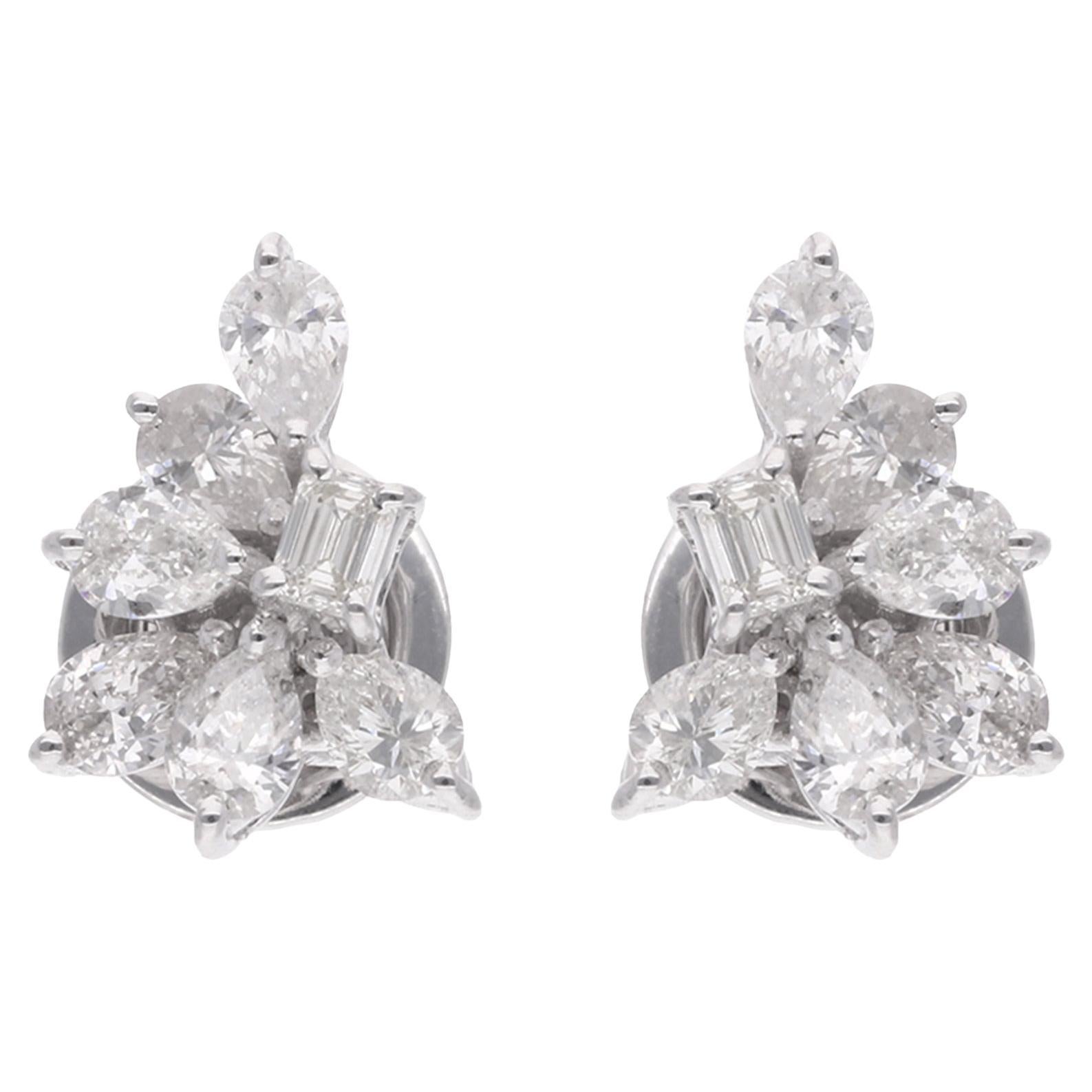 Natural Pear & Emerald Cut Diamond Stud Earrings 18 Karat White Gold Jewelry For Sale
