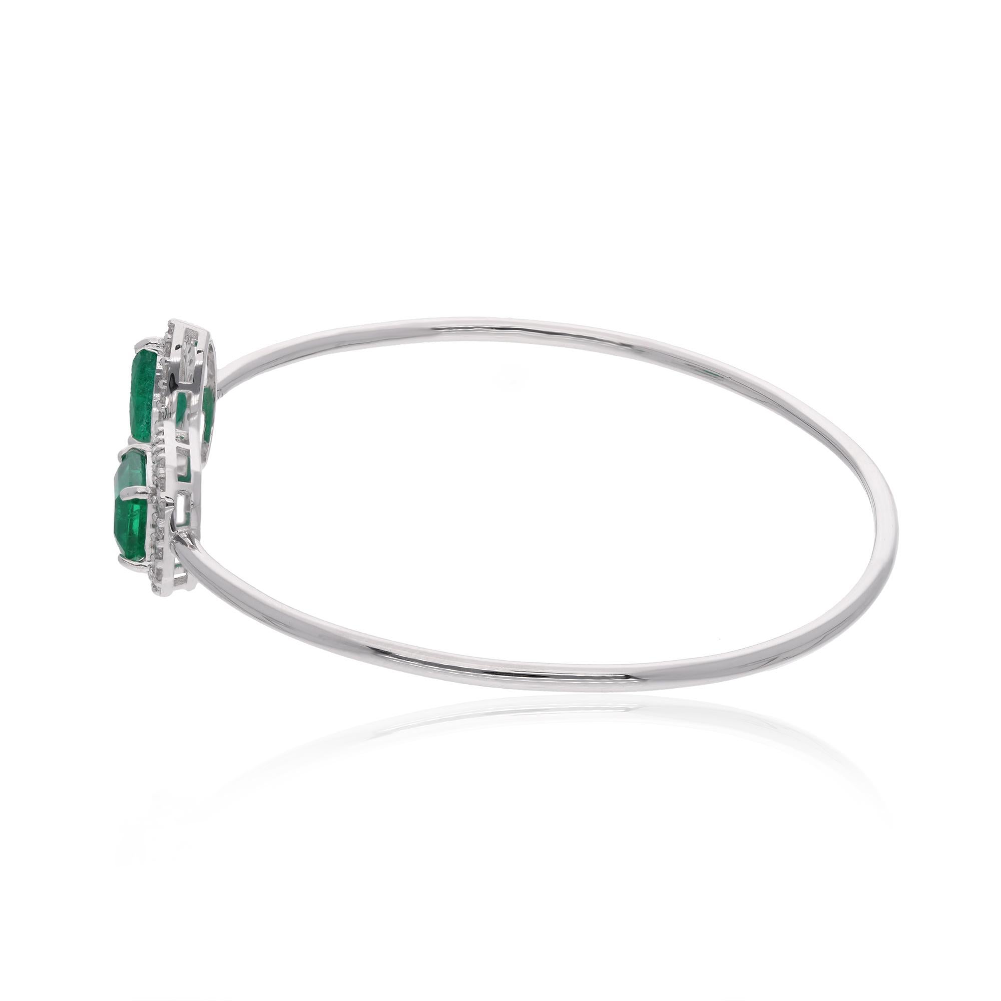 Modern Pear & Emerald Cut Emerald Gemstone Cuff Bangle Bracelet Diamond 18k White Gold For Sale