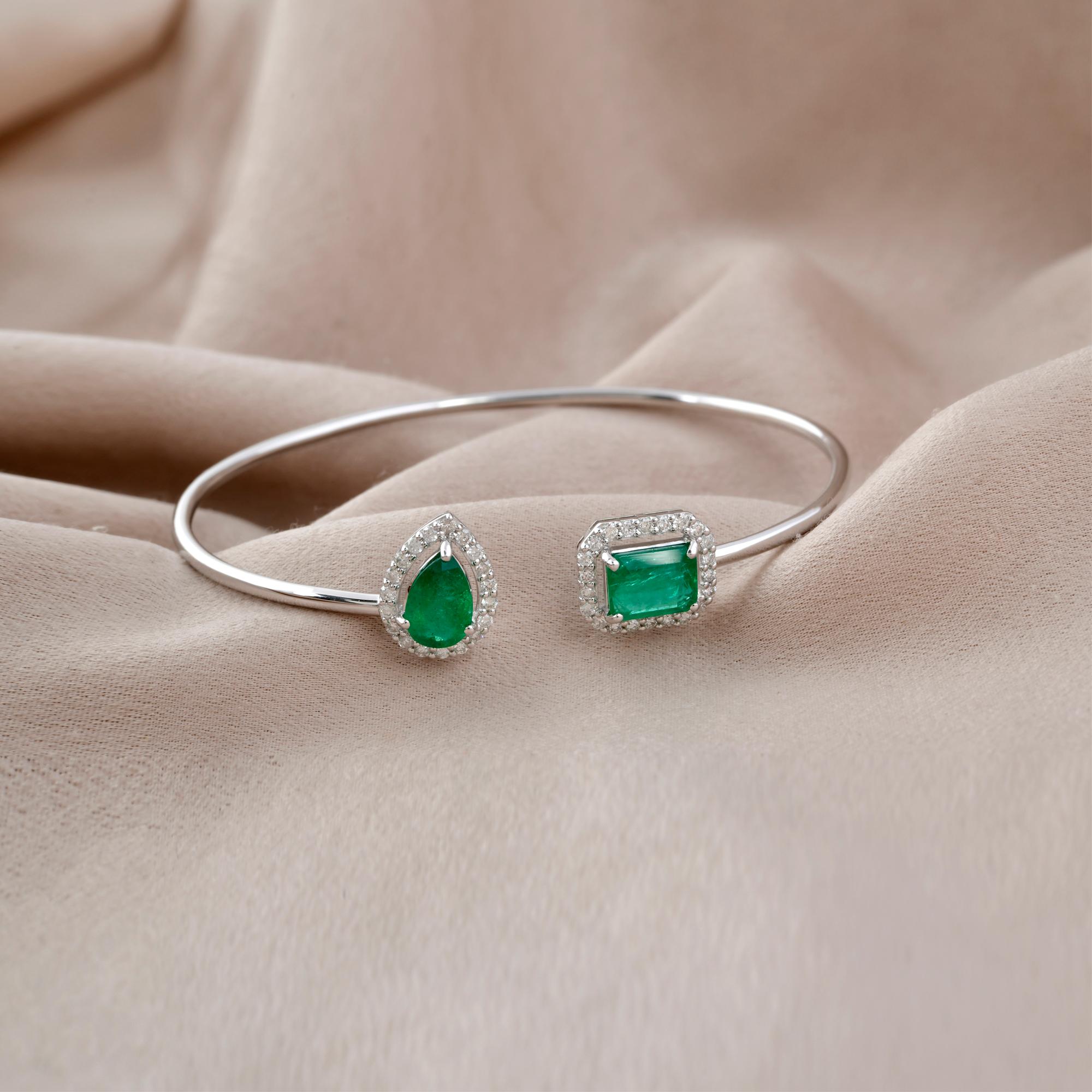Pear Cut Pear & Emerald Cut Emerald Gemstone Cuff Bangle Bracelet Diamond 18k White Gold For Sale