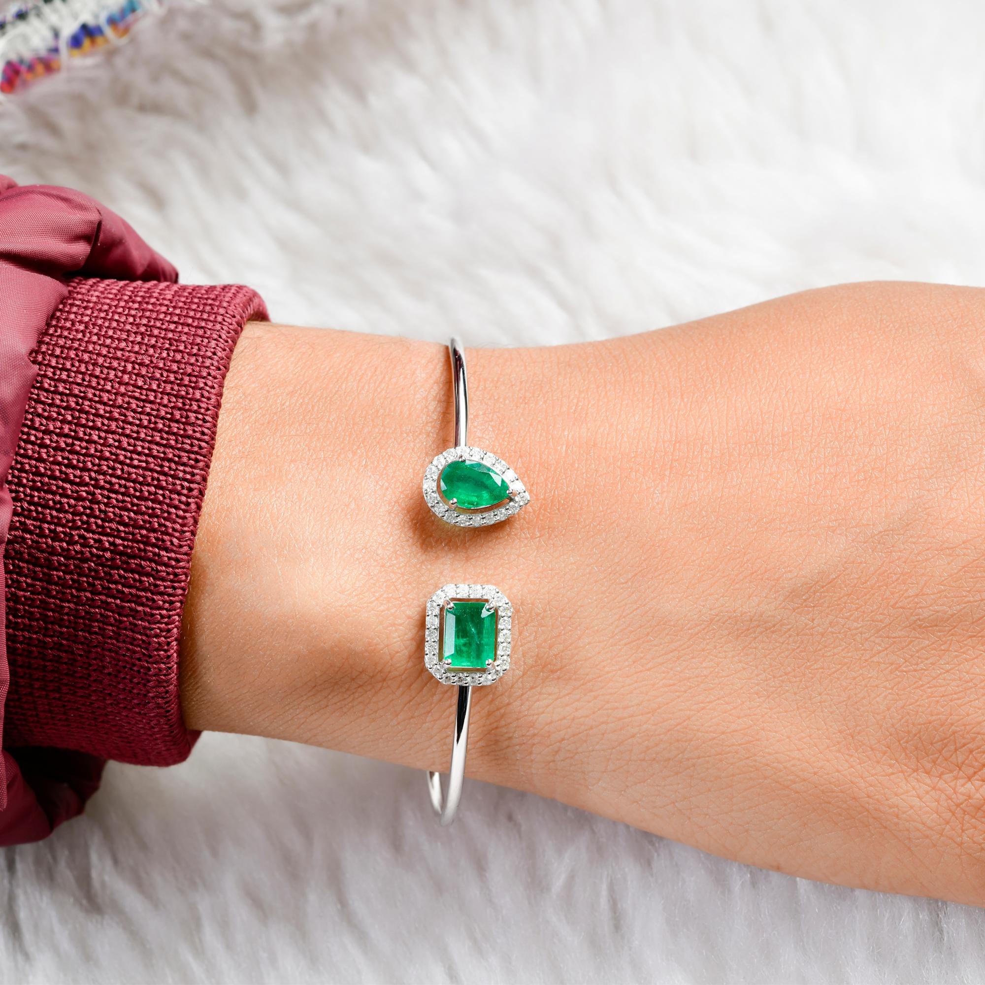 Women's Pear & Emerald Cut Emerald Gemstone Cuff Bangle Bracelet Diamond 18k White Gold For Sale
