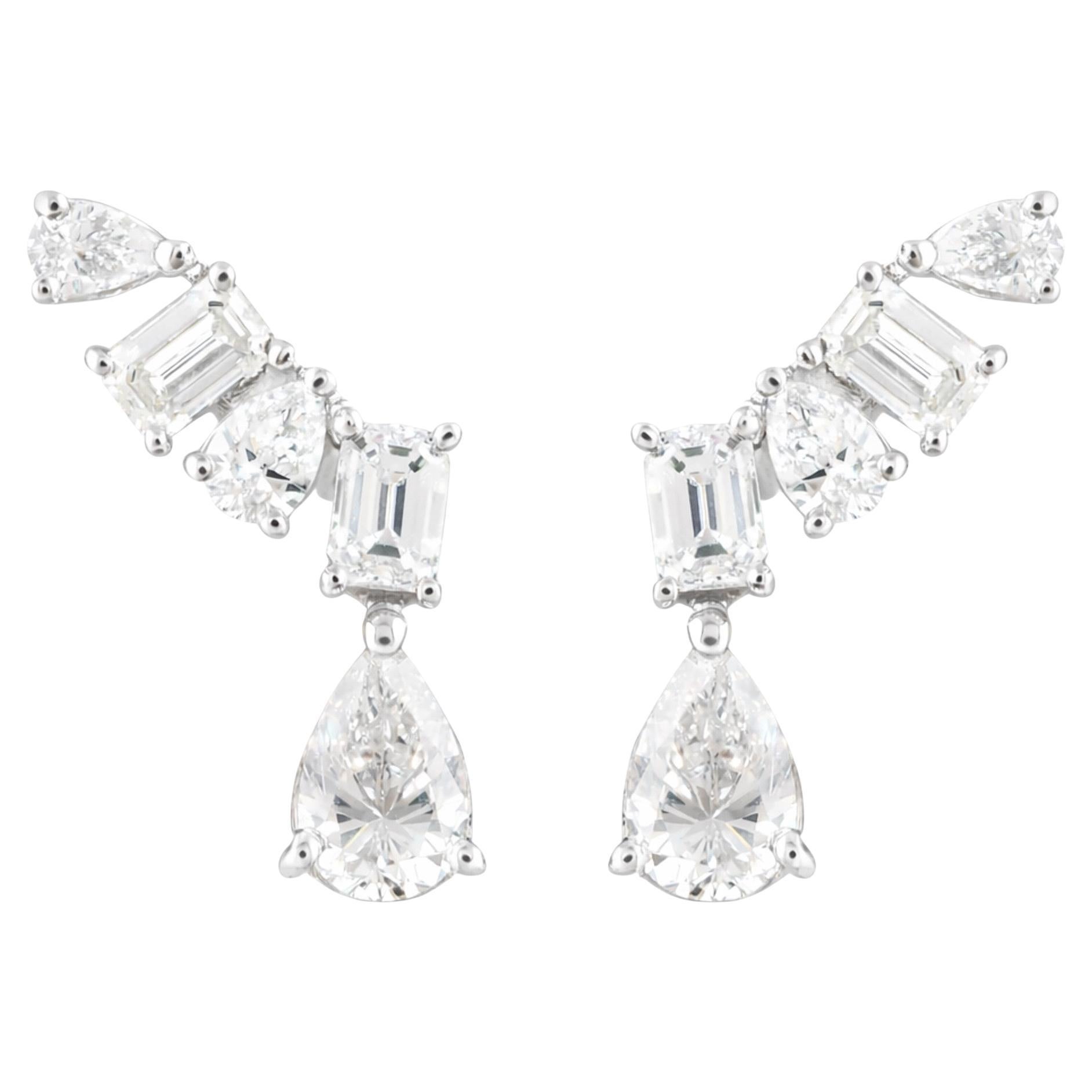 Pear Emerald Cut SI Clarity HI Color Diamond Drop Earrings 14k White Gold