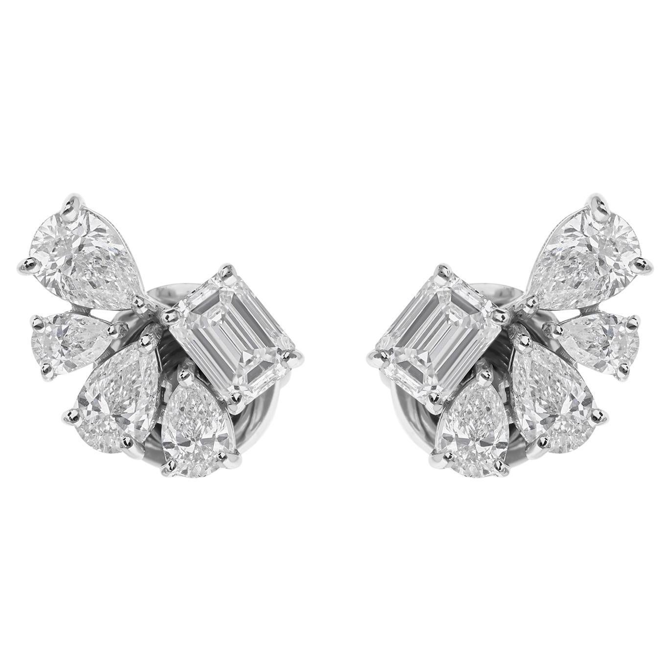 Pear Emerald Cut SI/H 1 Carat Diamond Cluster Stud Earrings 14k White Gold