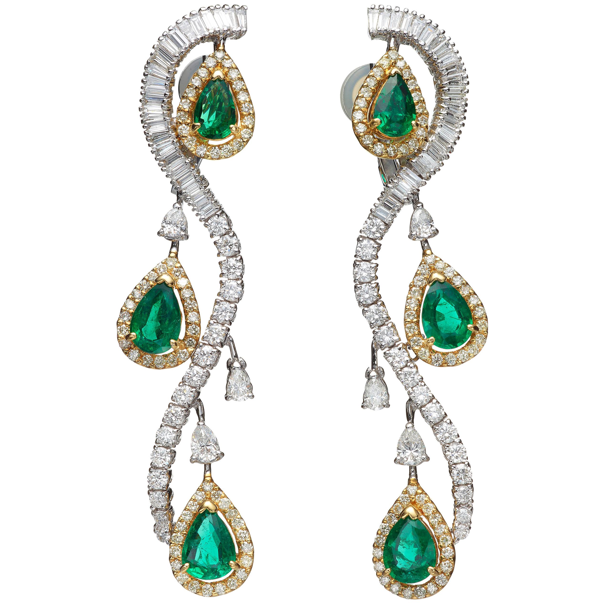 Pear Emerald Diamond 18 Karat Yellow and White Gold Chandelier Earrings