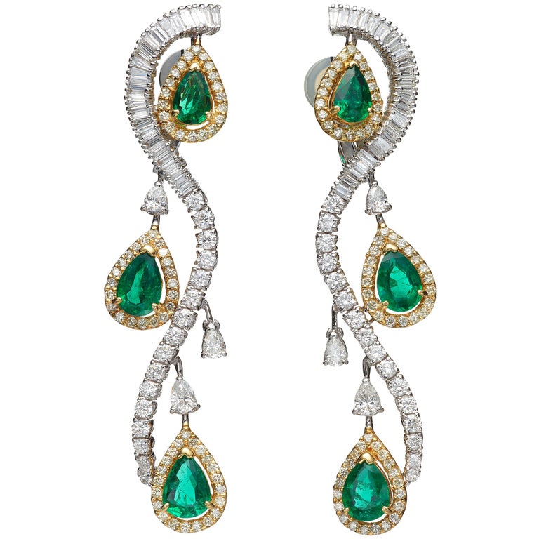 Pear Emerald Diamond 18 Karat Yellow and White Gold Chandelier Earrings For Sale