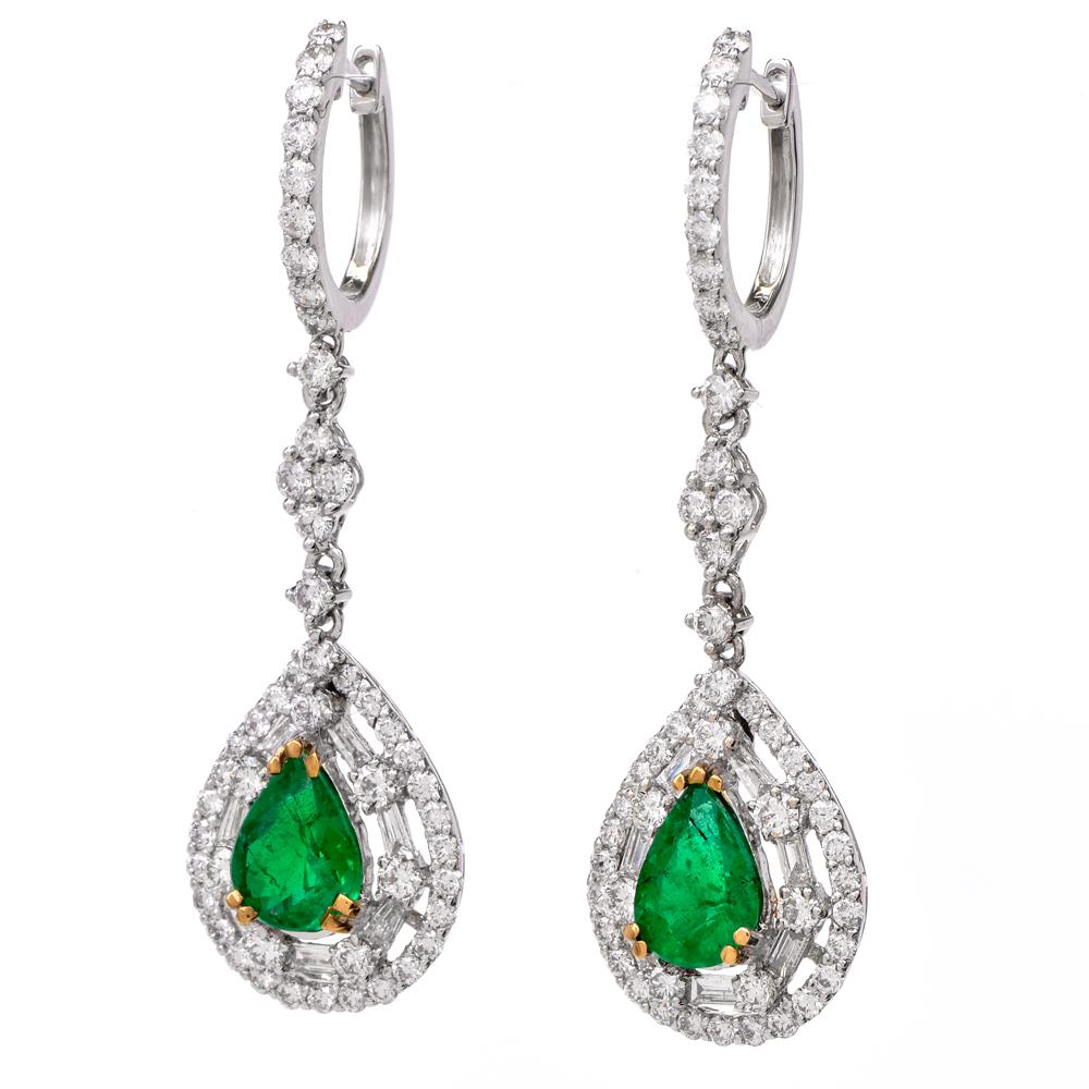 Art Deco Pear Emerald Diamond Dangle Drop Gold Earrings