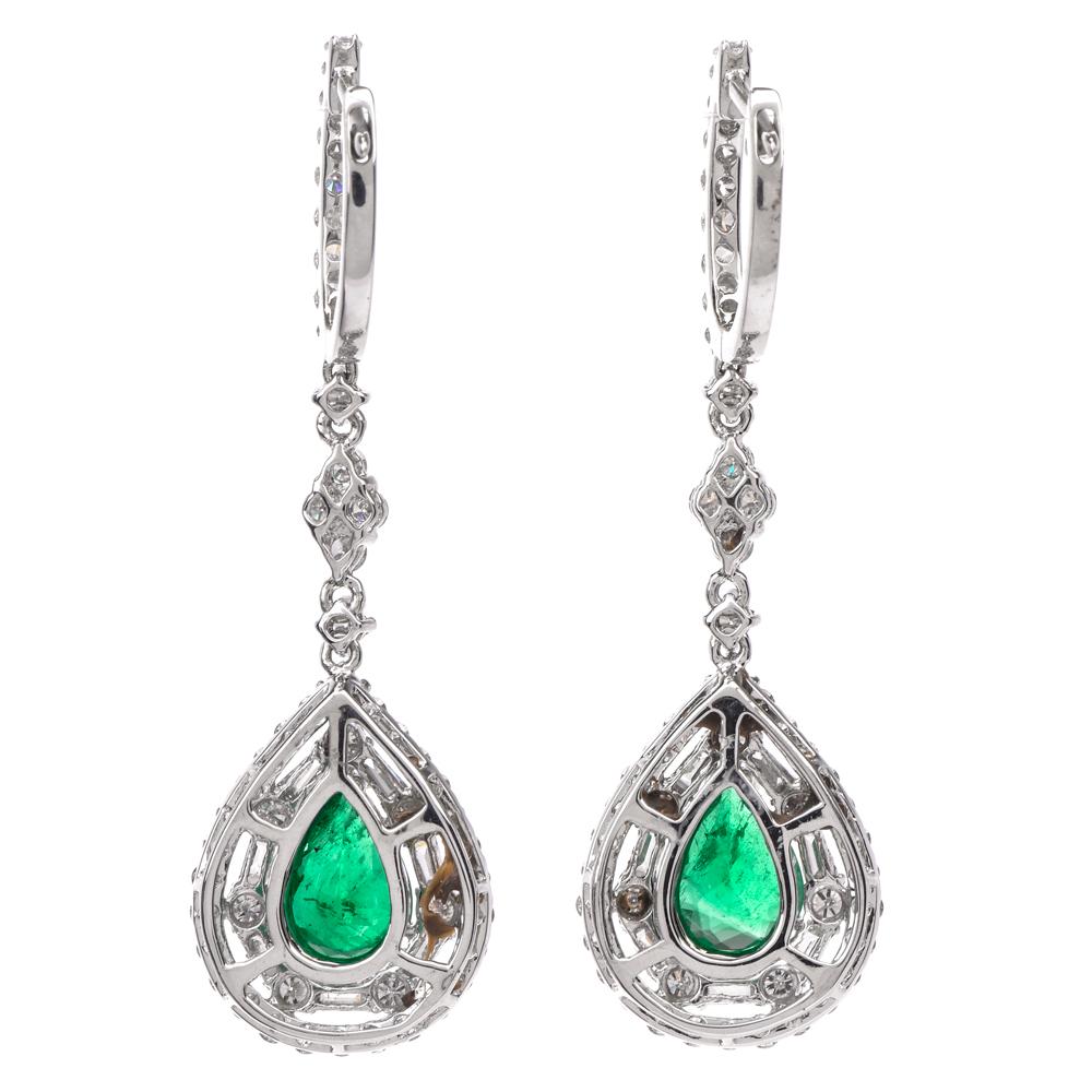 Pear Cut Pear Emerald Diamond Dangle Drop Gold Earrings