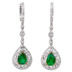 Pear Emerald Diamond Dangle Drop Gold Earrings