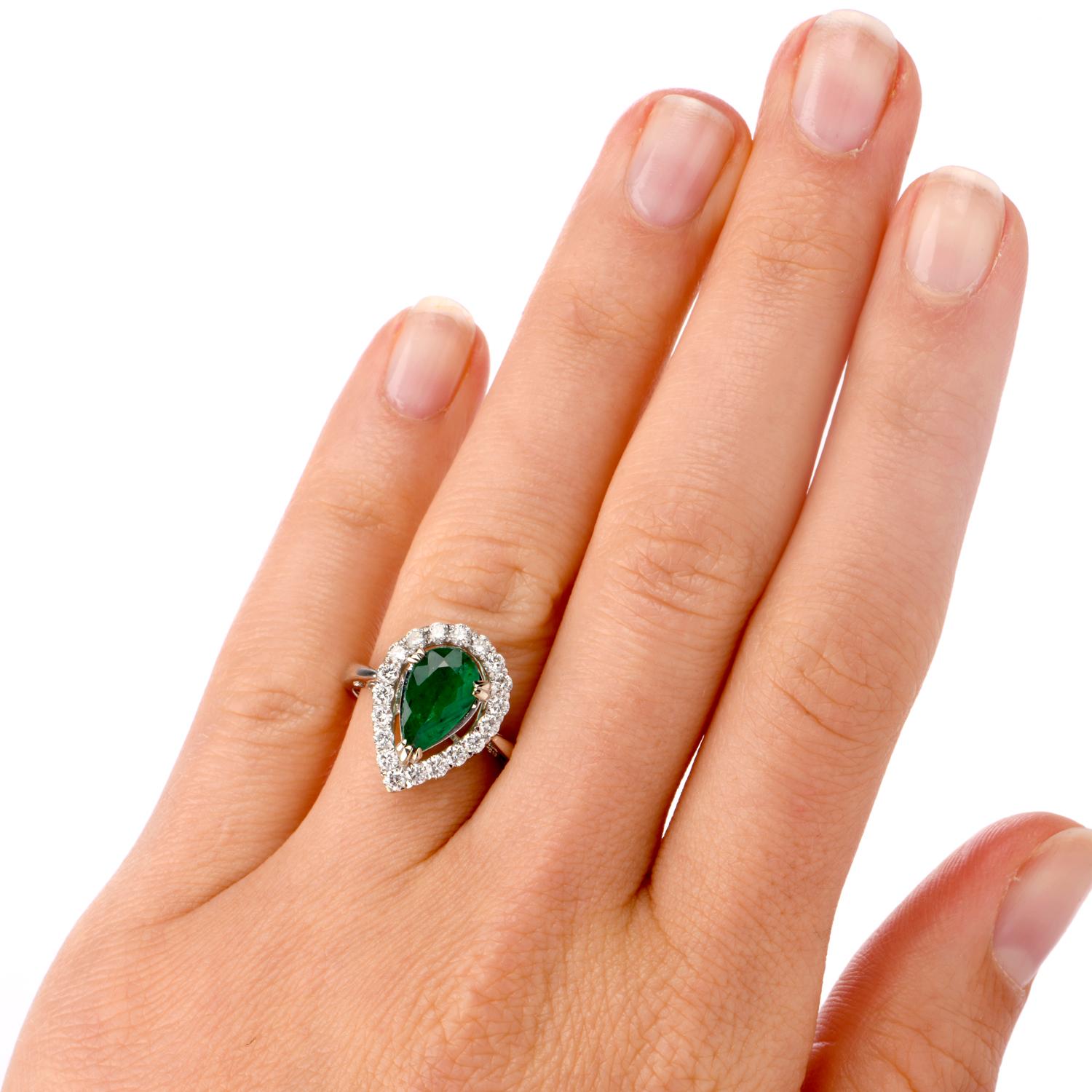 Art Deco Pear Emerald Diamond Halo 18 Karat Gold Ring