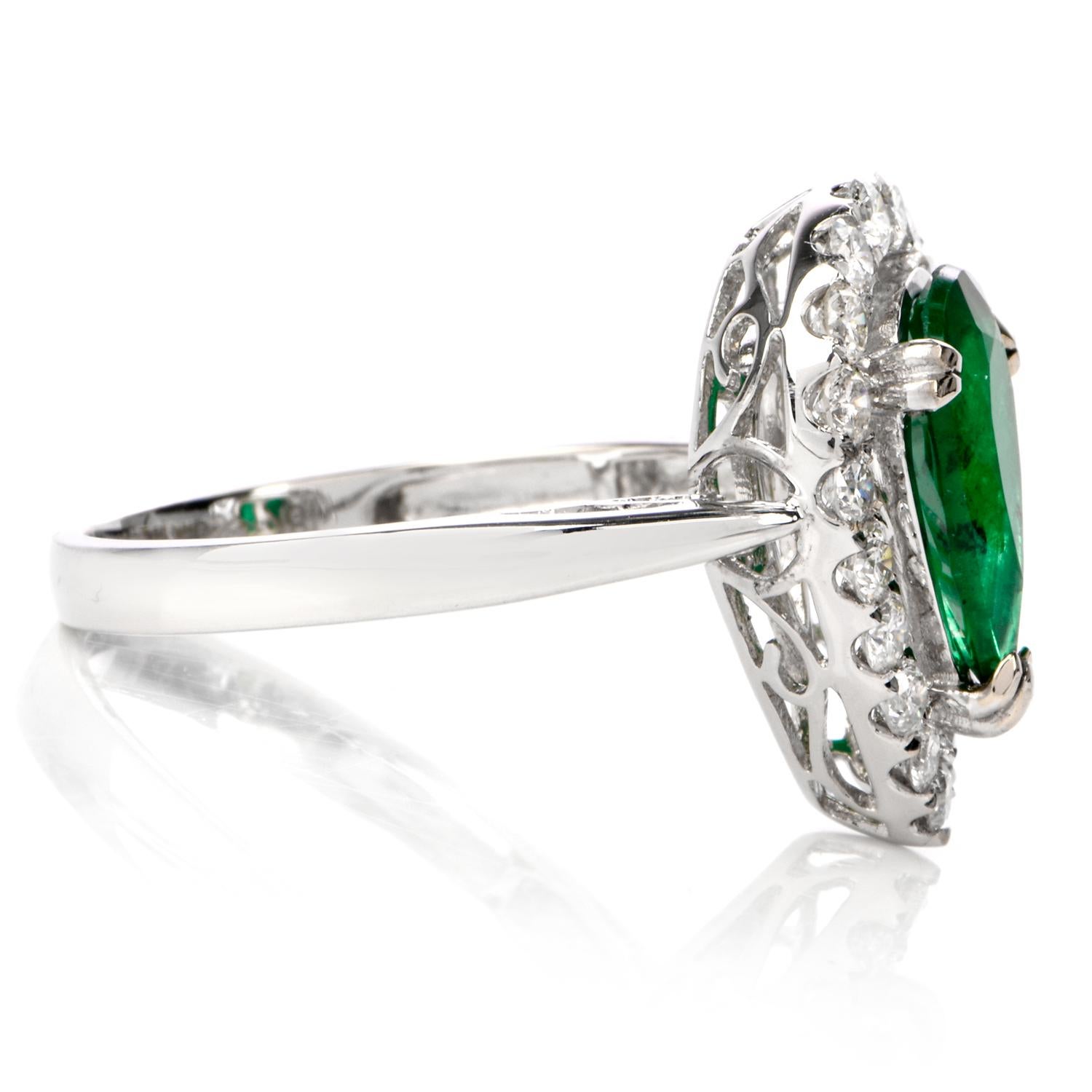 Pear Cut Pear Emerald Diamond Halo 18 Karat Gold Ring