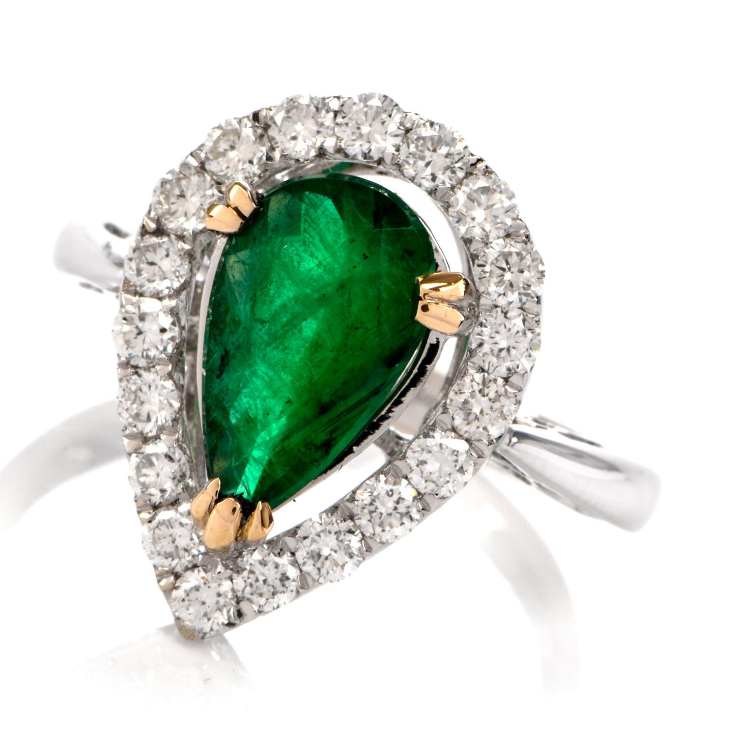 Pear Emerald Diamond Halo 18 Karat Gold Ring In Excellent Condition In Miami, FL