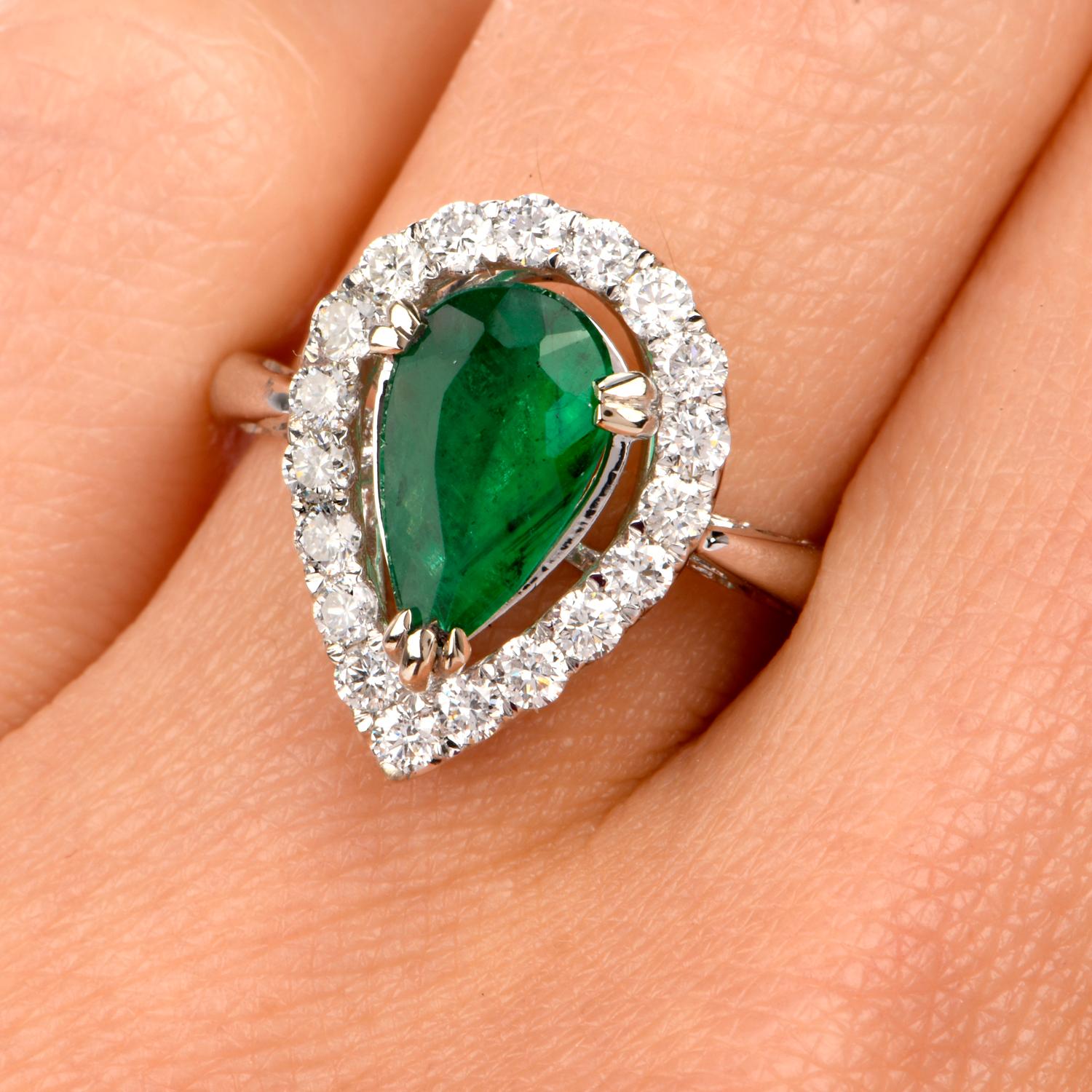 Women's or Men's Pear Emerald Diamond Halo 18 Karat Gold Ring