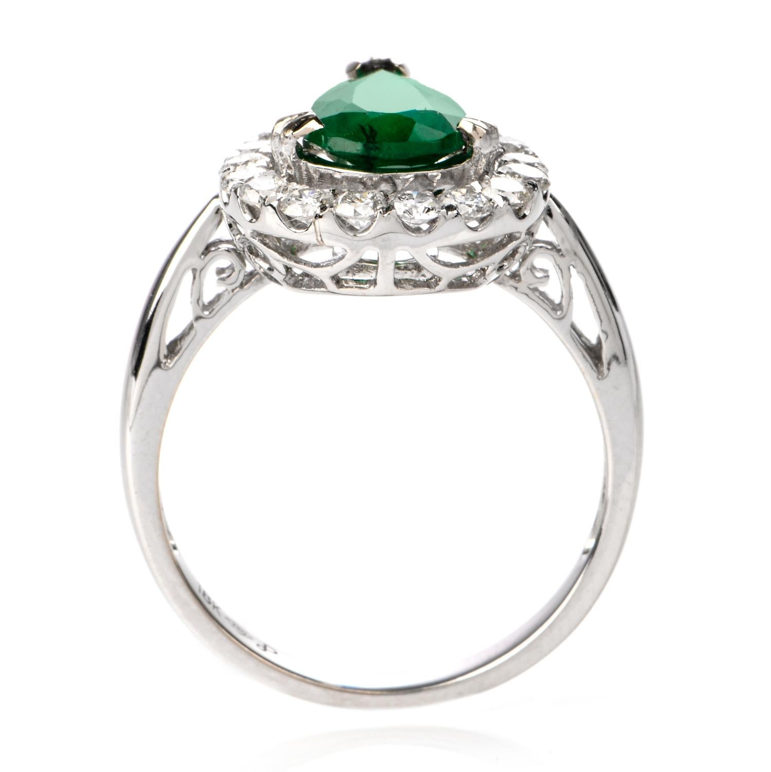 Pear Emerald Diamond Halo 18 Karat Gold Ring 1