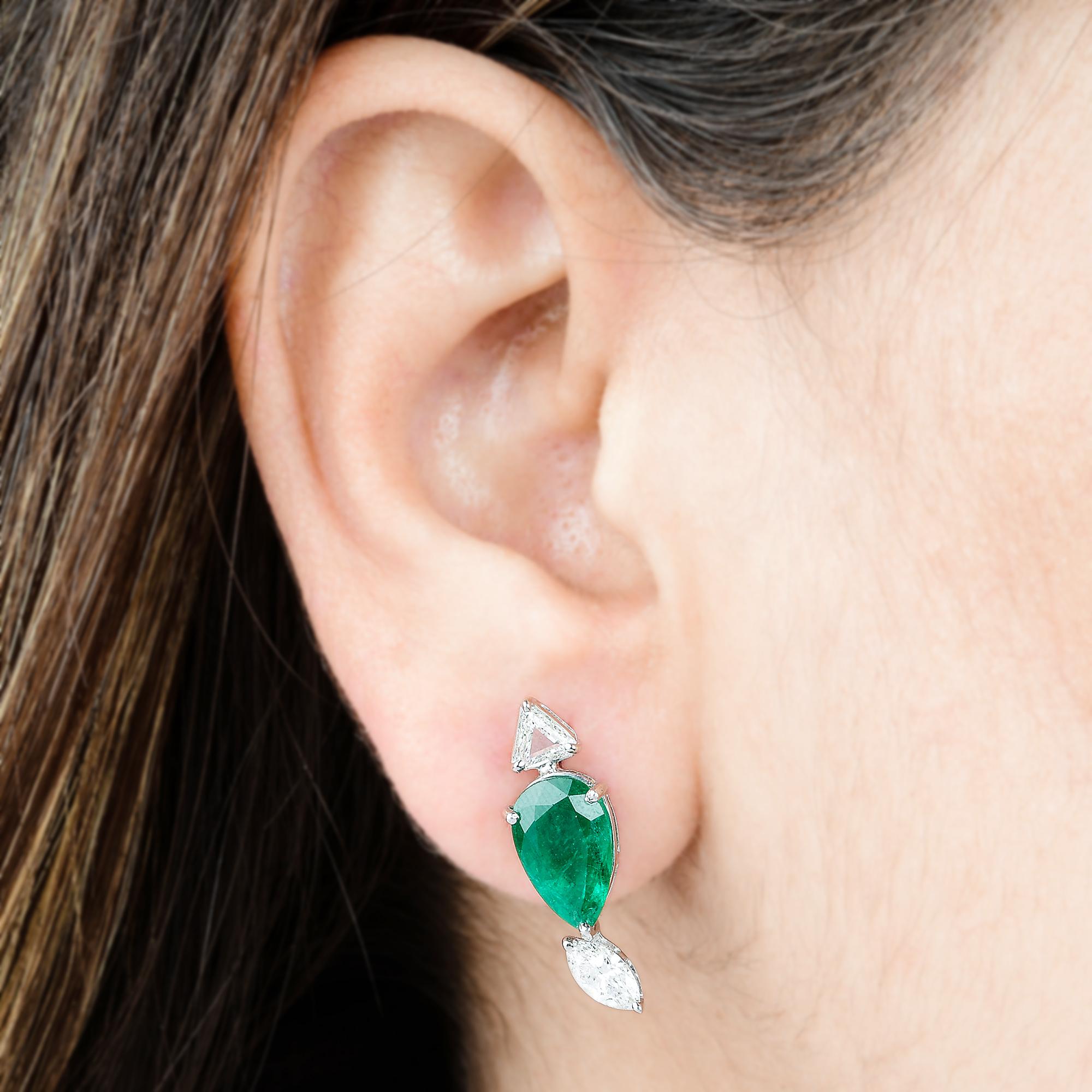 Modern Pear Emerald Earrings SI/HI Trillion Marquise Diamond 18K White Gold Jewelry For Sale