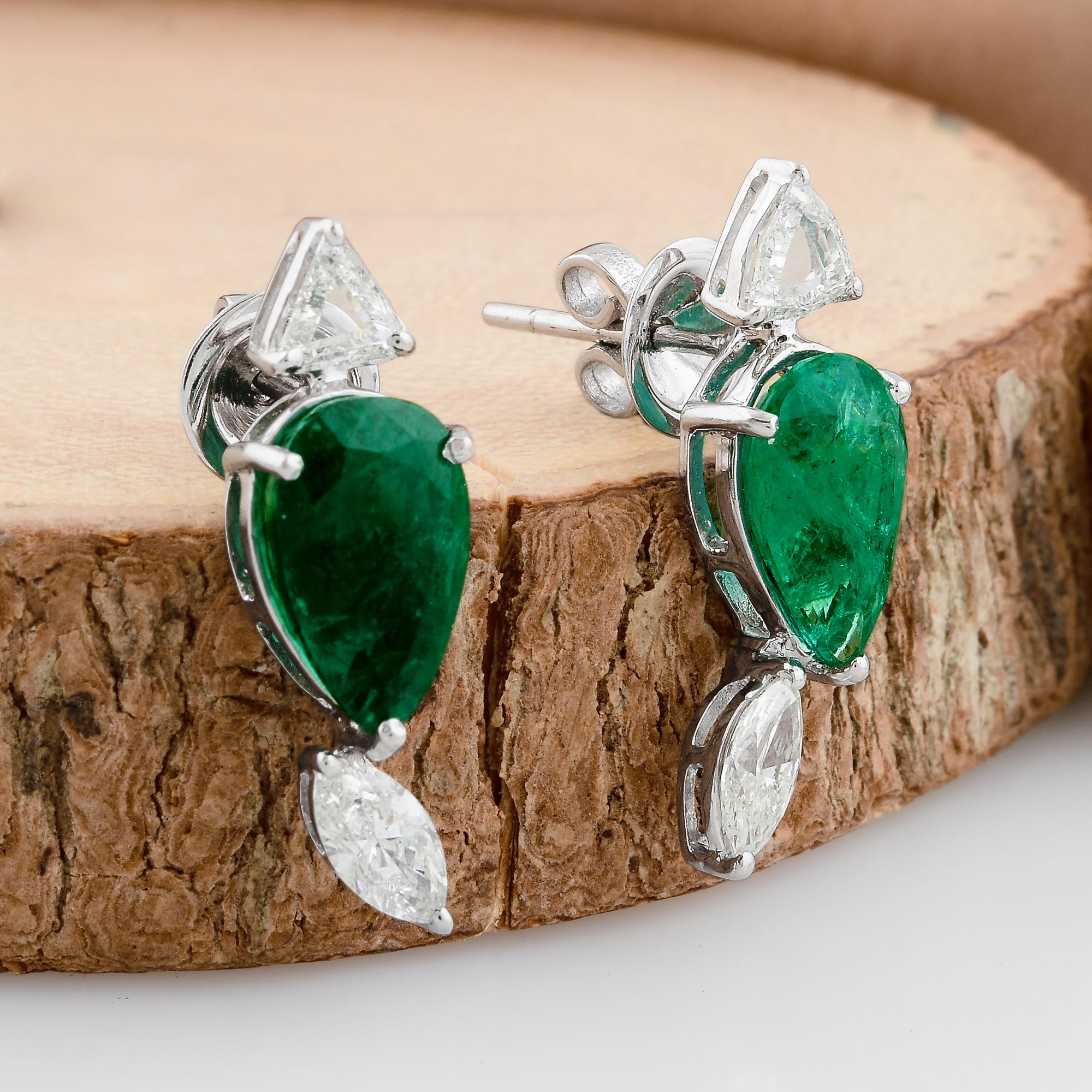 Trillion Cut Pear Emerald Earrings SI/HI Trillion Marquise Diamond 18K White Gold Jewelry For Sale