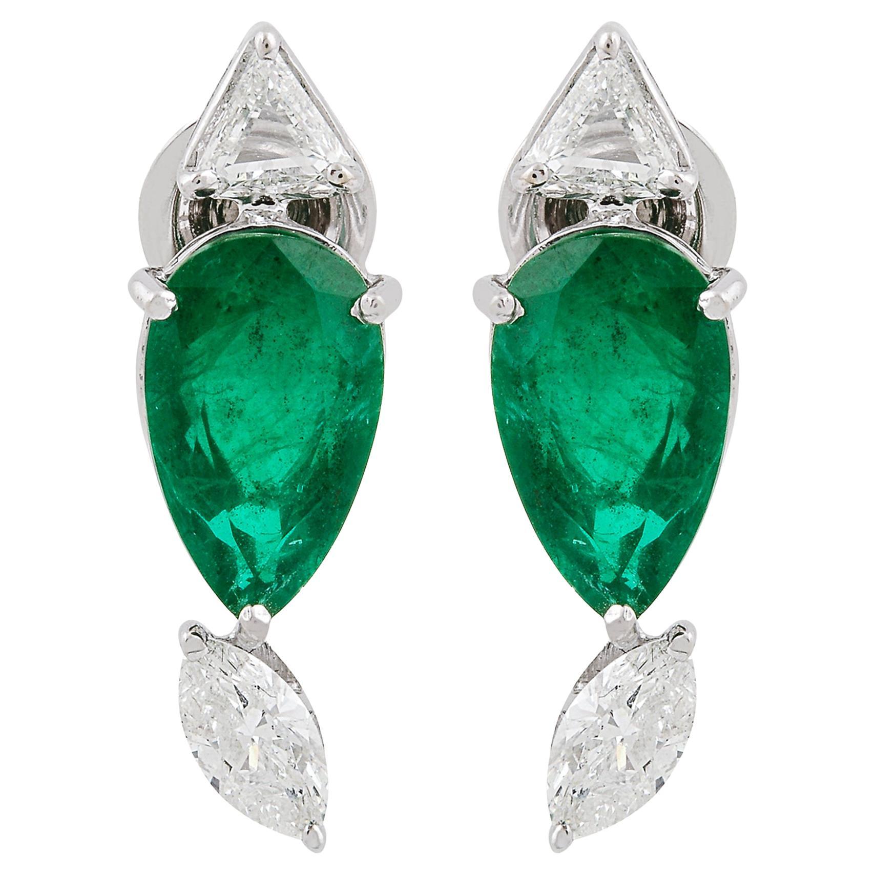 Pear Emerald Earrings SI/HI Trillion Marquise Diamond 18K White Gold Jewelry For Sale
