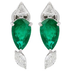 Pear Emerald Earrings SI/HI Trillion Marquise Diamond 18K White Gold Jewelry