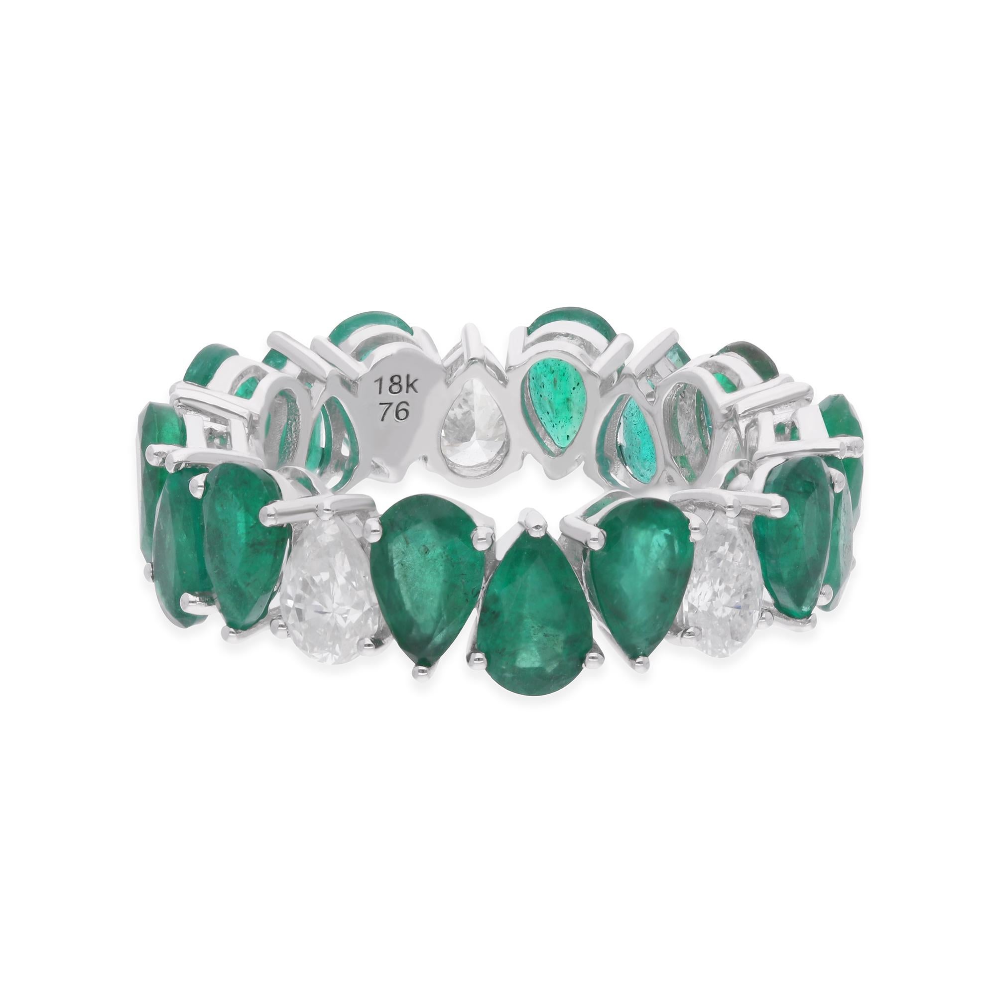 Pear Emerald Gemstone Band Ring Diamond 14 Karat White Gold Handmade Jewelry
