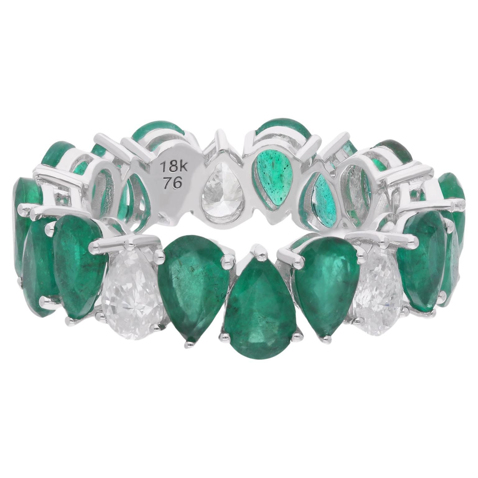 Pear Emerald Gemstone Band Ring Diamond 18 Karat White Gold Handmade Jewelry For Sale