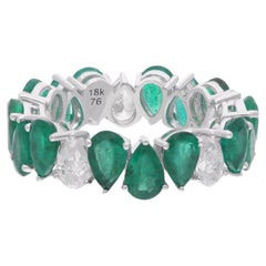 Pear Emerald Gemstone Band Ring Diamond 18 Karat White Gold Handmade Jewelry