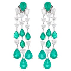 9.59 Carat Pear Emerald Chandelier Earrings 3.36 Ct Diamond 14 Karat White Gold