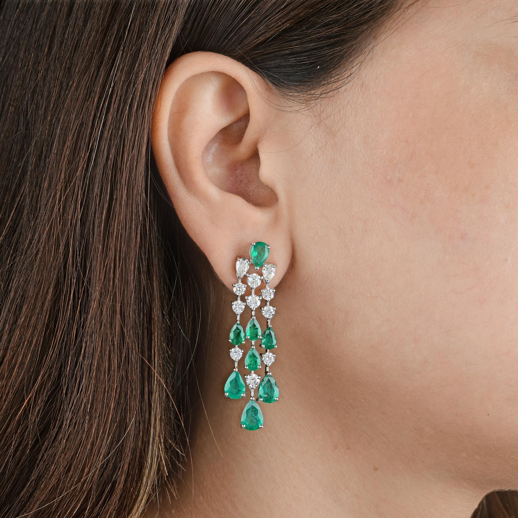 Pear Cut Pear Emerald Gemstone Chandelier Earrings Diamond 18 Karat White Gold Jewelry For Sale