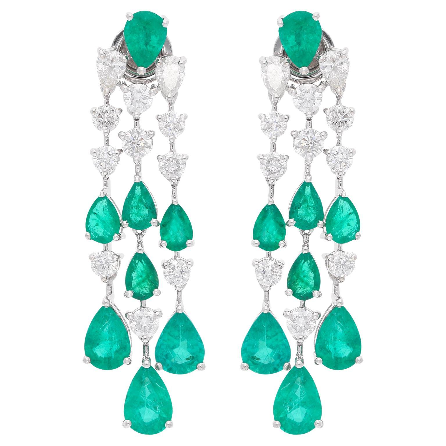 Pear Emerald Gemstone Chandelier Earrings Diamond 18 Karat White Gold Jewelry For Sale