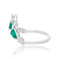 Pear Emerald Gemstone Chevron Ring Diamond 14 Karat White Gold Handmade Jewelry