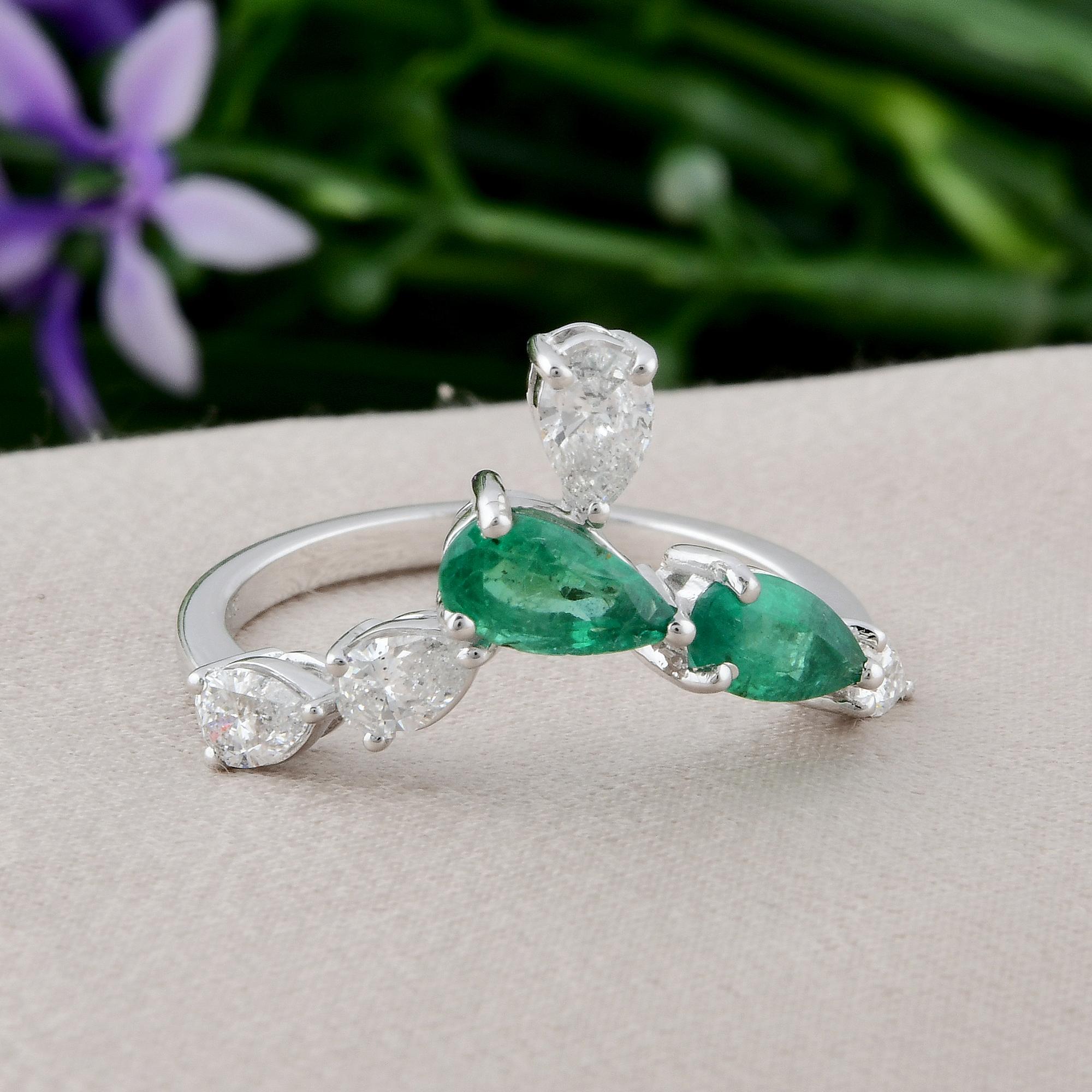 Modern Pear Emerald Gemstone Chevron Ring Diamond 18 Karat White Gold Handmade Jewelry For Sale