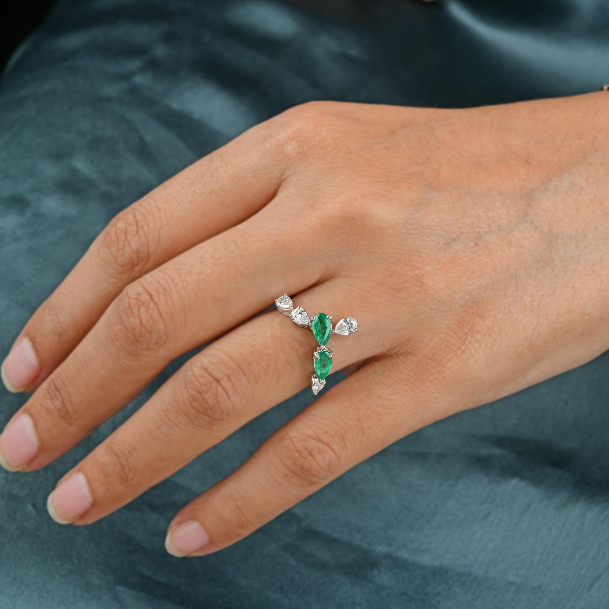 Modern Pear Emerald Gemstone Chevron Ring Diamond 18 Karat White Gold Handmade Jewelry For Sale