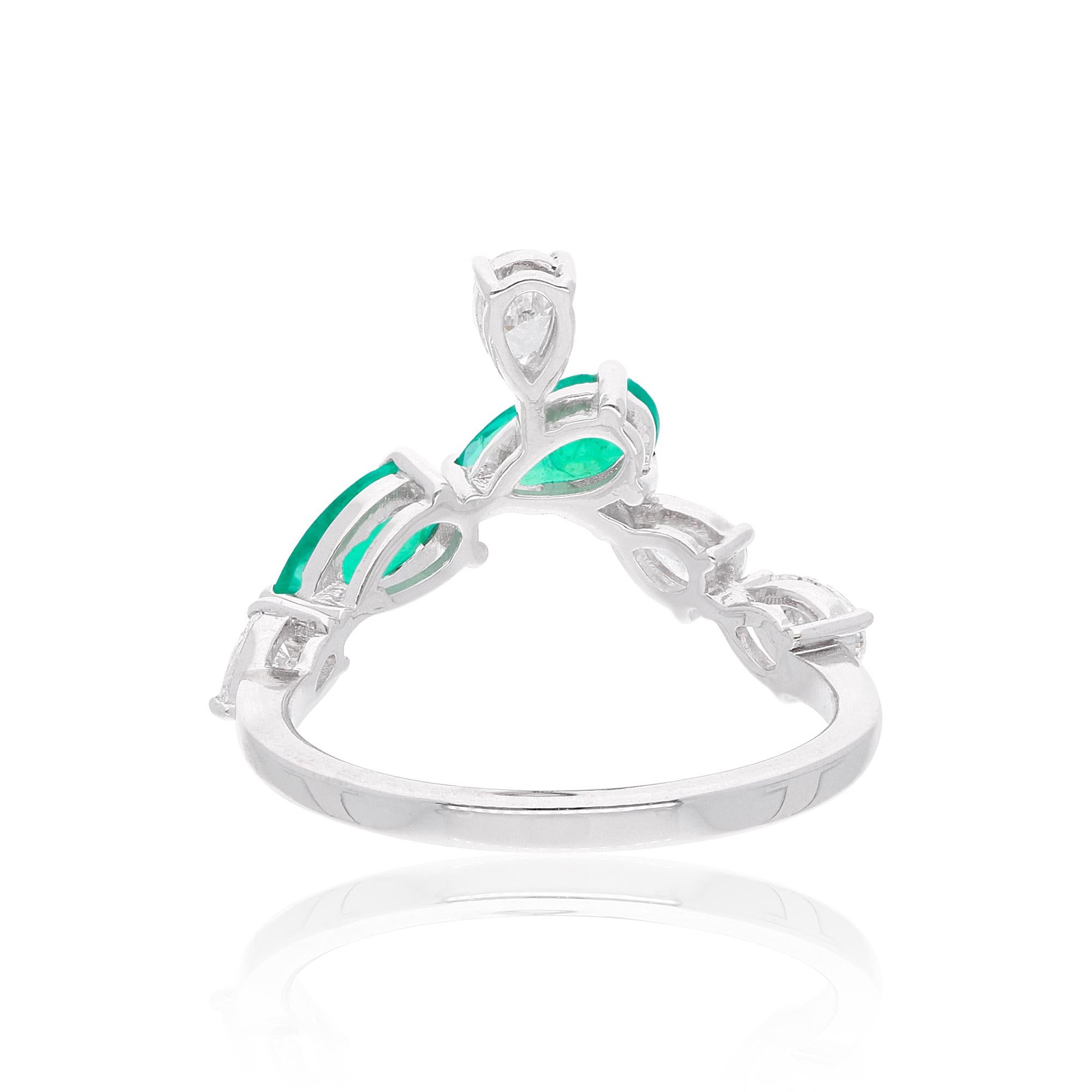 Pear Cut Pear Emerald Gemstone Chevron Ring Diamond 18 Karat White Gold Handmade Jewelry For Sale
