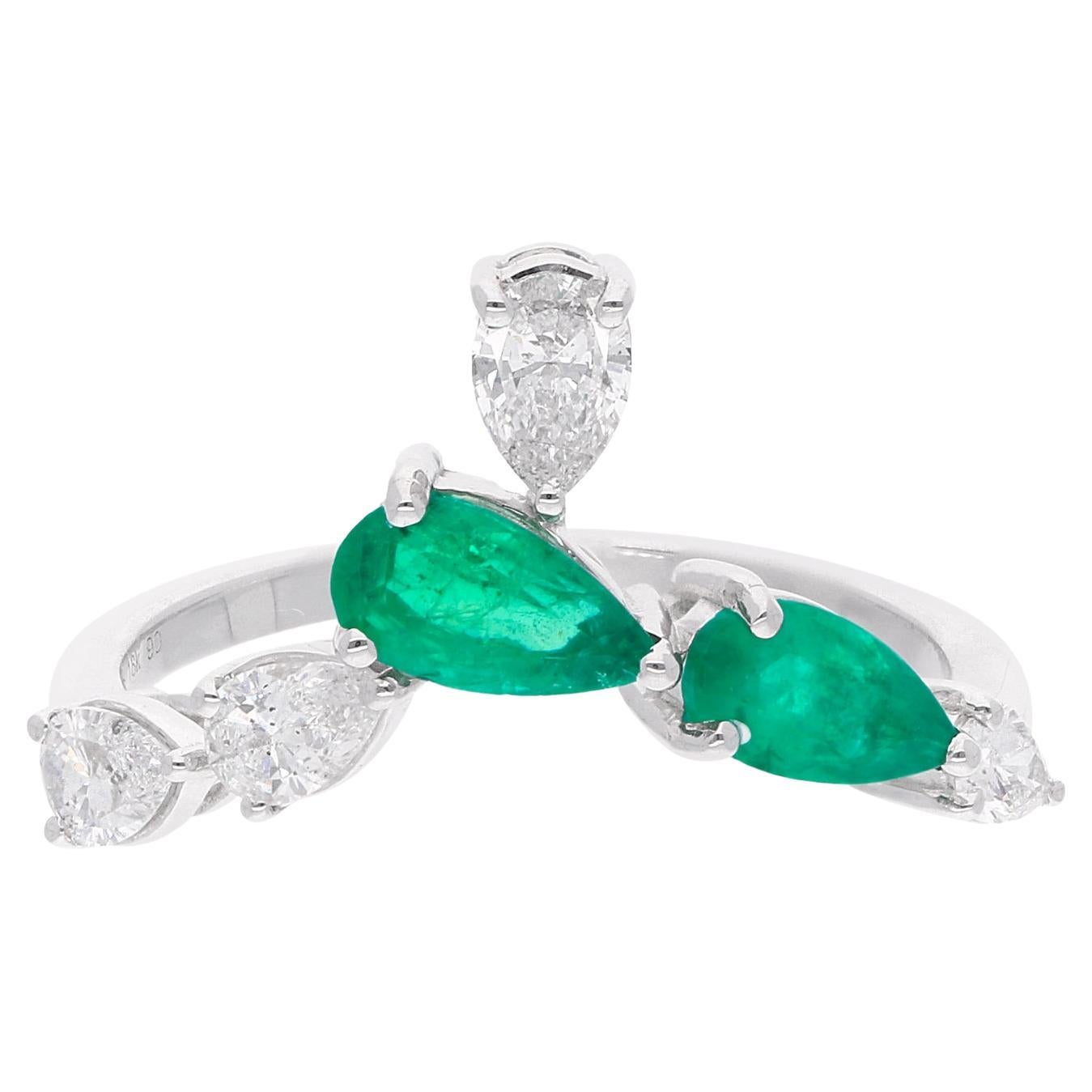 Pear Emerald Gemstone Chevron Ring Diamond 18 Karat White Gold Handmade Jewelry For Sale