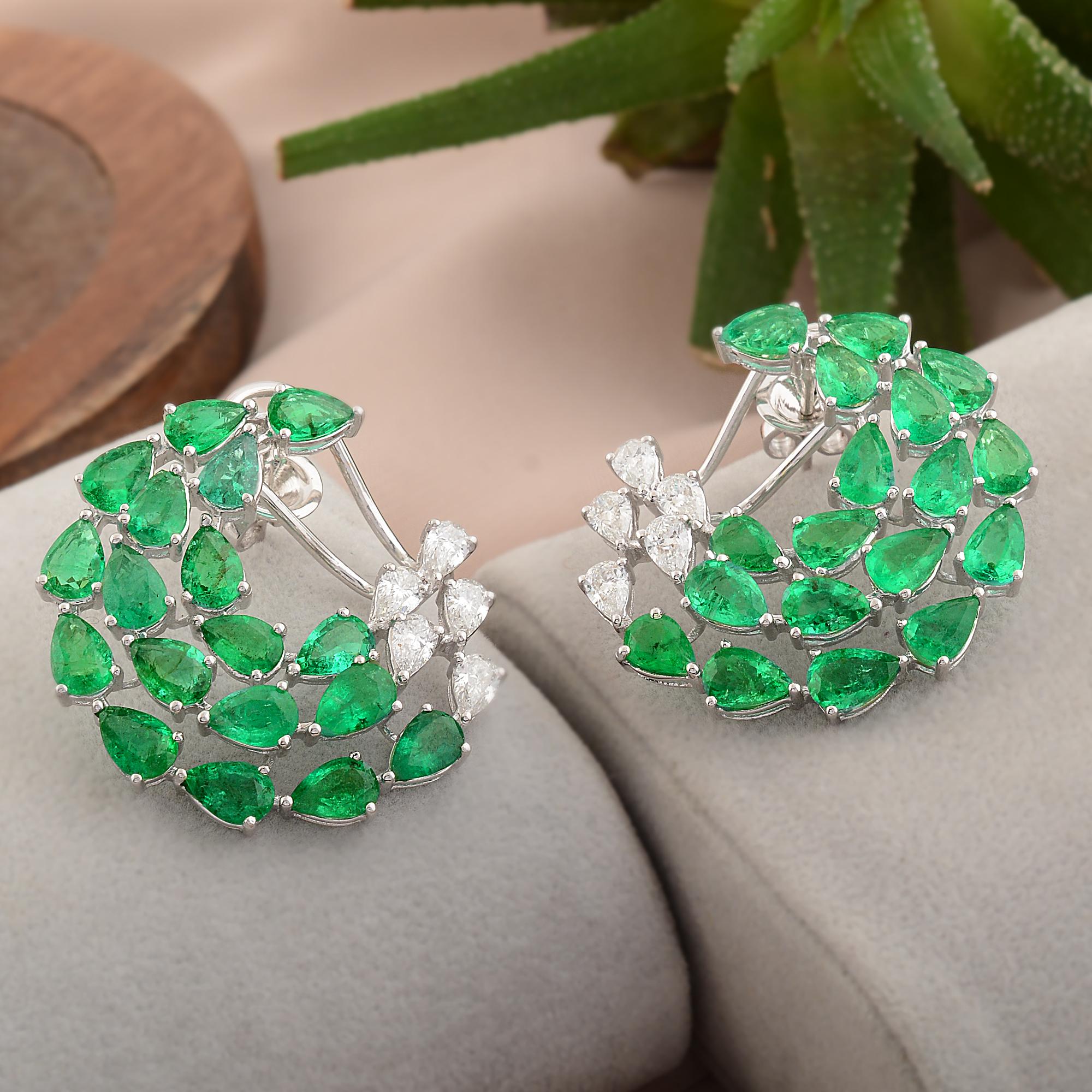 Modern Pear Emerald Gemstone Crescent Moon Earrings 14k White Gold Diamond Fine Jewelry For Sale