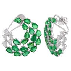 Pear Emerald Gemstone Crescent Moon Earrings 14k White Gold Diamond Fine Jewelry