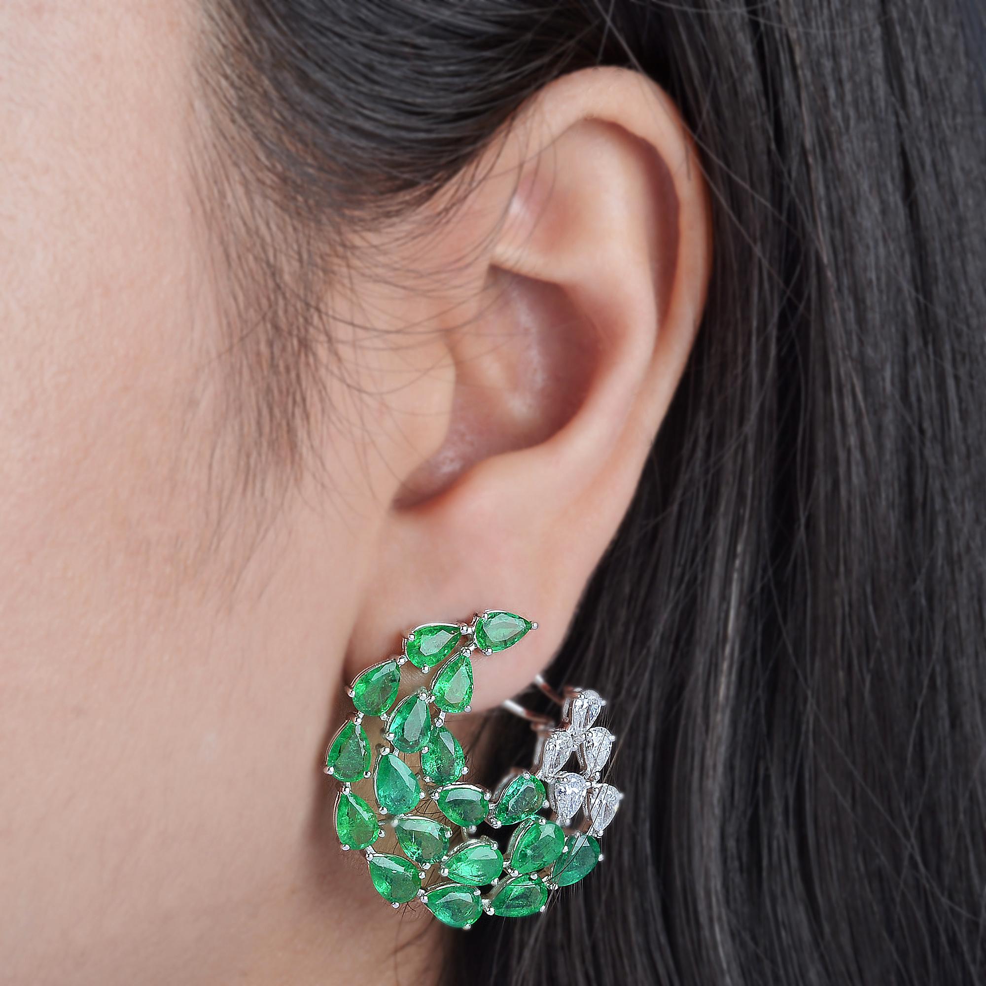 Modern Pear Emerald Gemstone Crescent Moon Earrings 18k White Gold Diamond Fine Jewelry For Sale