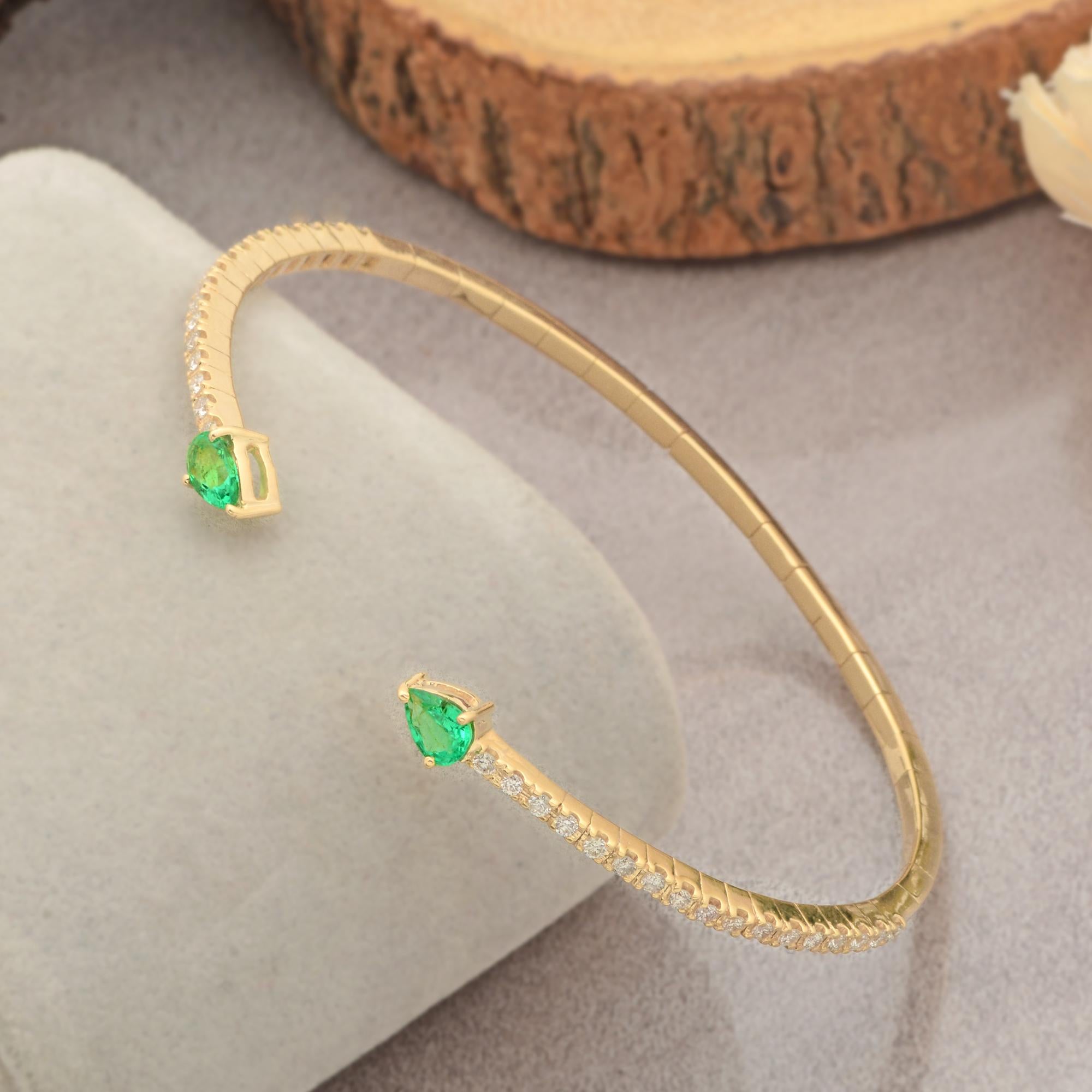 Modern Pear Emerald Gemstone Cuff Bangle Bracelet Diamond Pave Solid 14k Yellow Gold For Sale