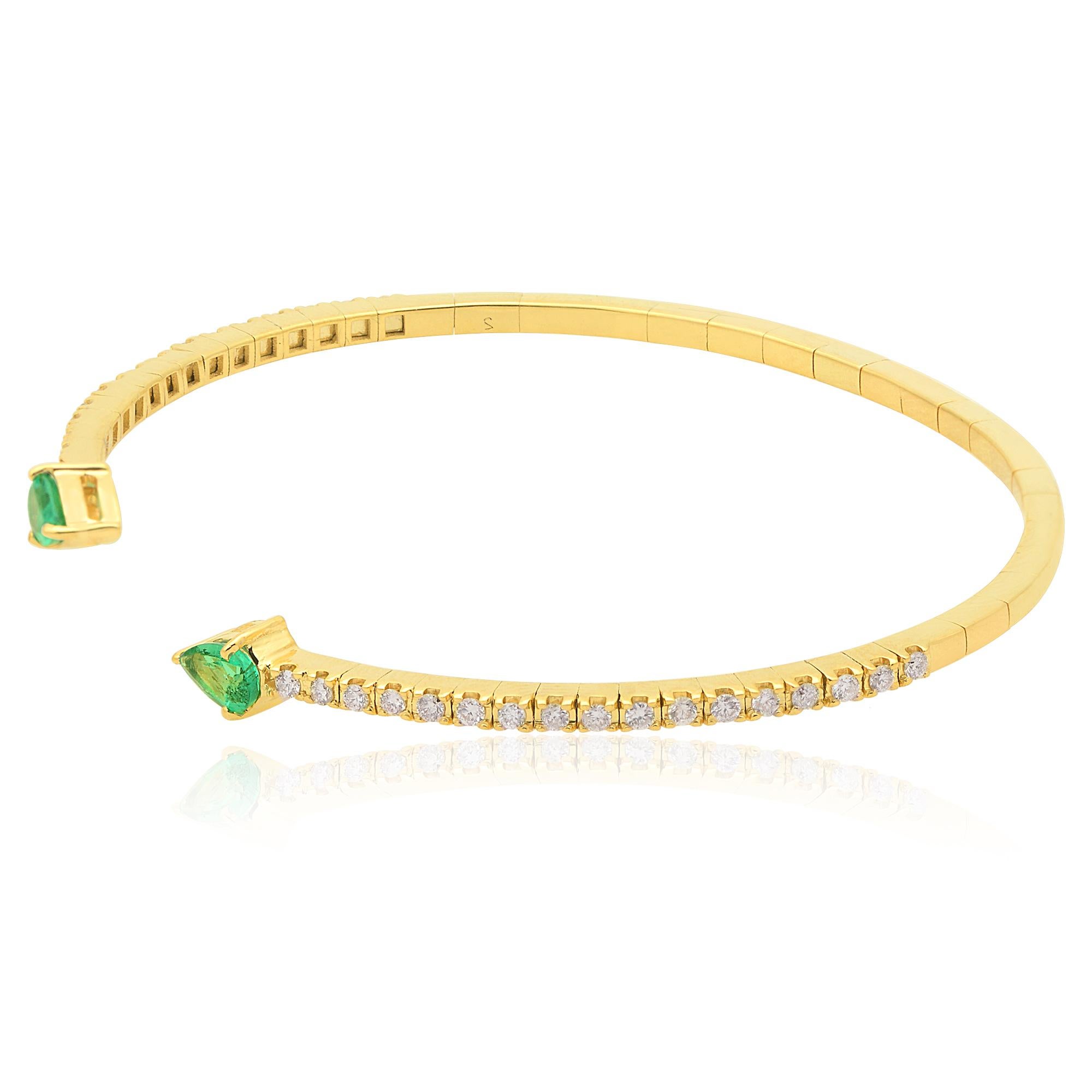 Women's Pear Emerald Gemstone Cuff Bangle Bracelet Diamond Pave Solid 14k Yellow Gold For Sale