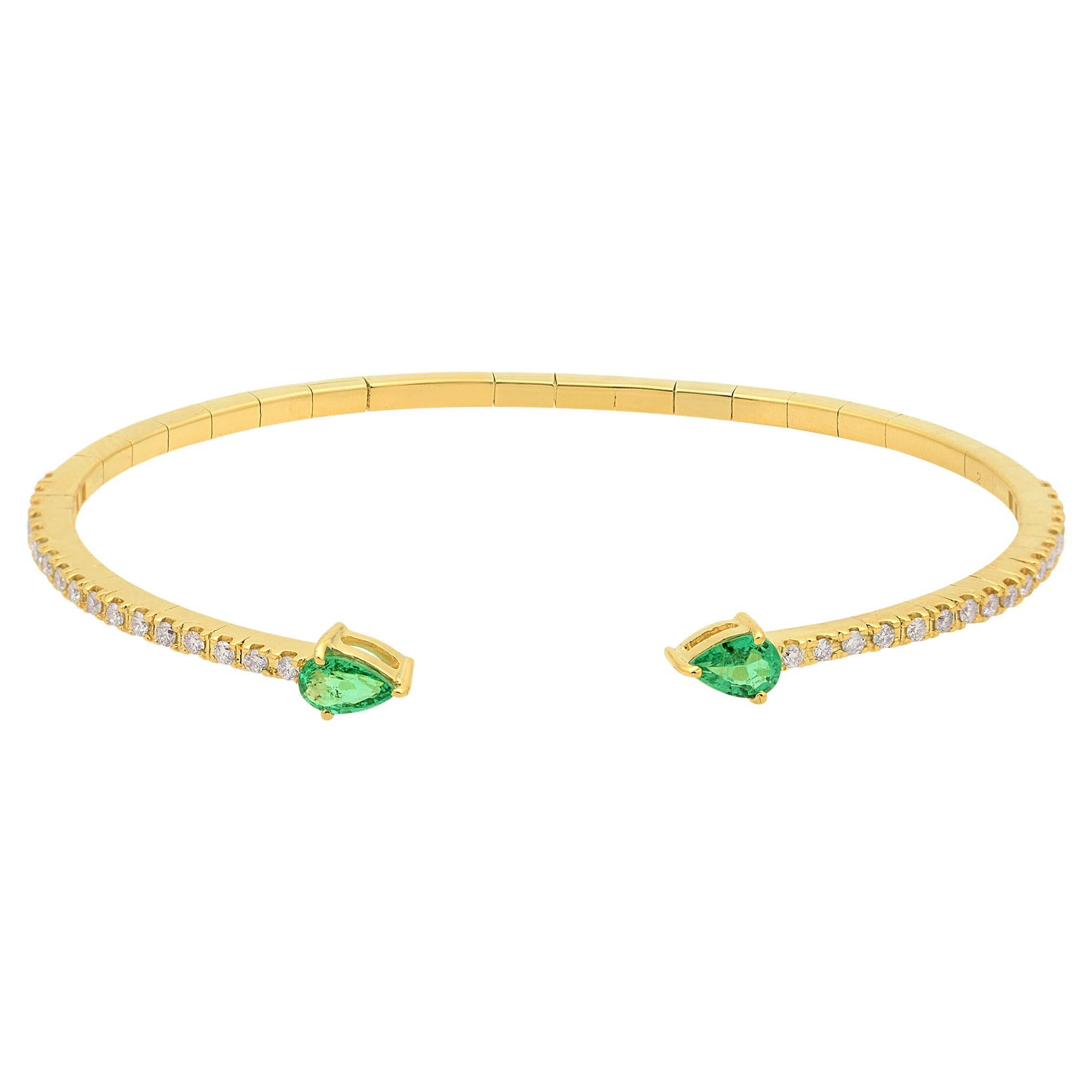 Pear Emerald Gemstone Cuff Bangle Bracelet Diamond Pave Solid 18k Yellow Gold For Sale