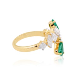 Pear Emerald Gemstone Cuff Wrap Ring Diamond 14k Yellow Gold Handmade Jewelry