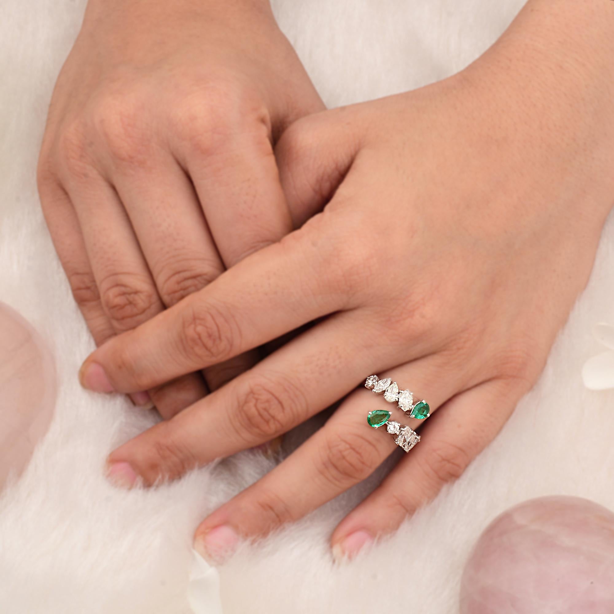 Modern Pear Emerald Gemstone Cuff Wrap Ring Diamond 14k Yellow Gold Handmade Jewelry