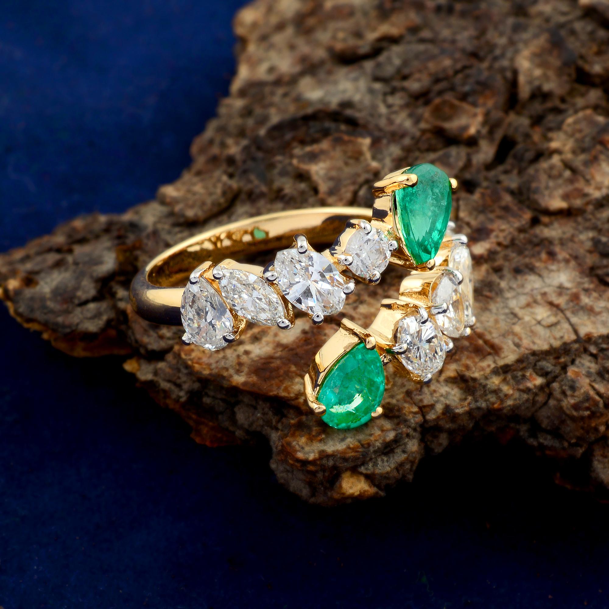 Pear Cut Pear Emerald Gemstone Cuff Wrap Ring Diamond 14k Yellow Gold Handmade Jewelry