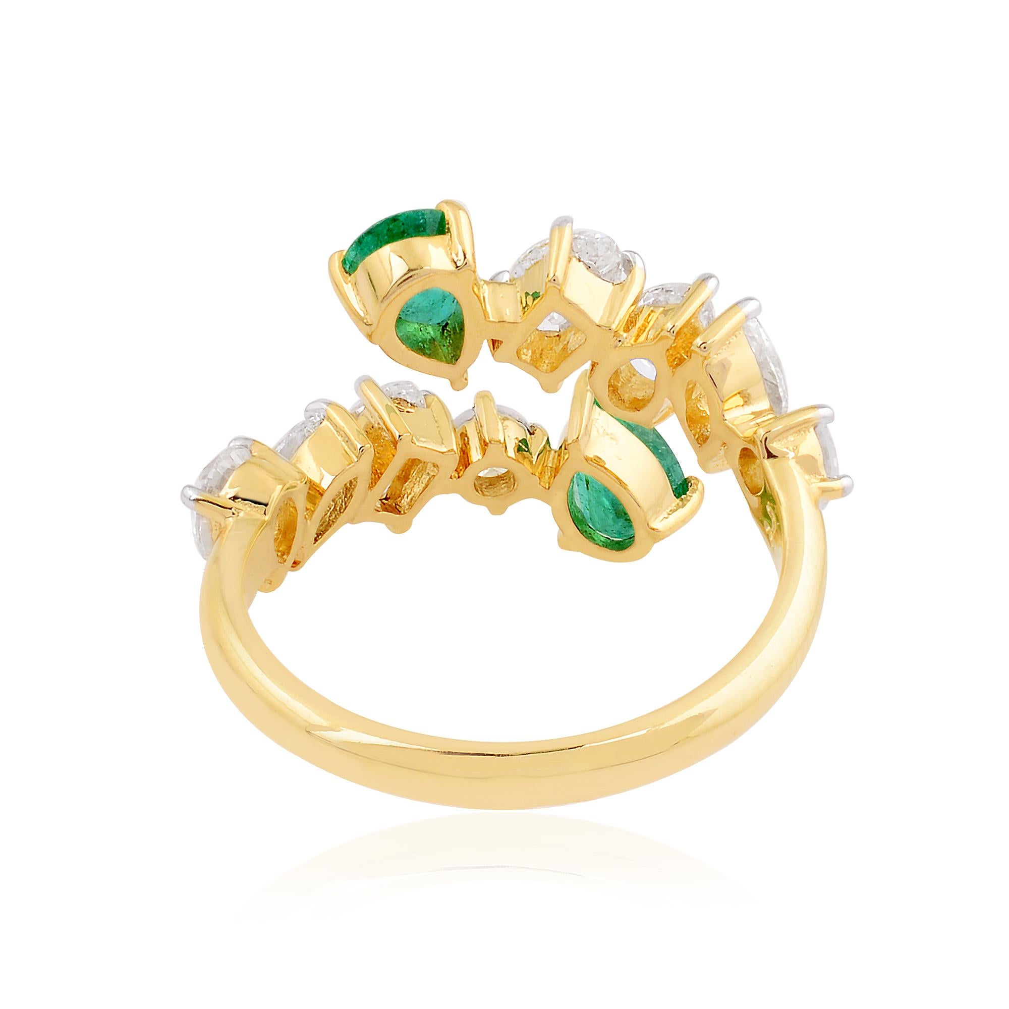 Women's Pear Emerald Gemstone Cuff Wrap Ring Diamond 14k Yellow Gold Handmade Jewelry