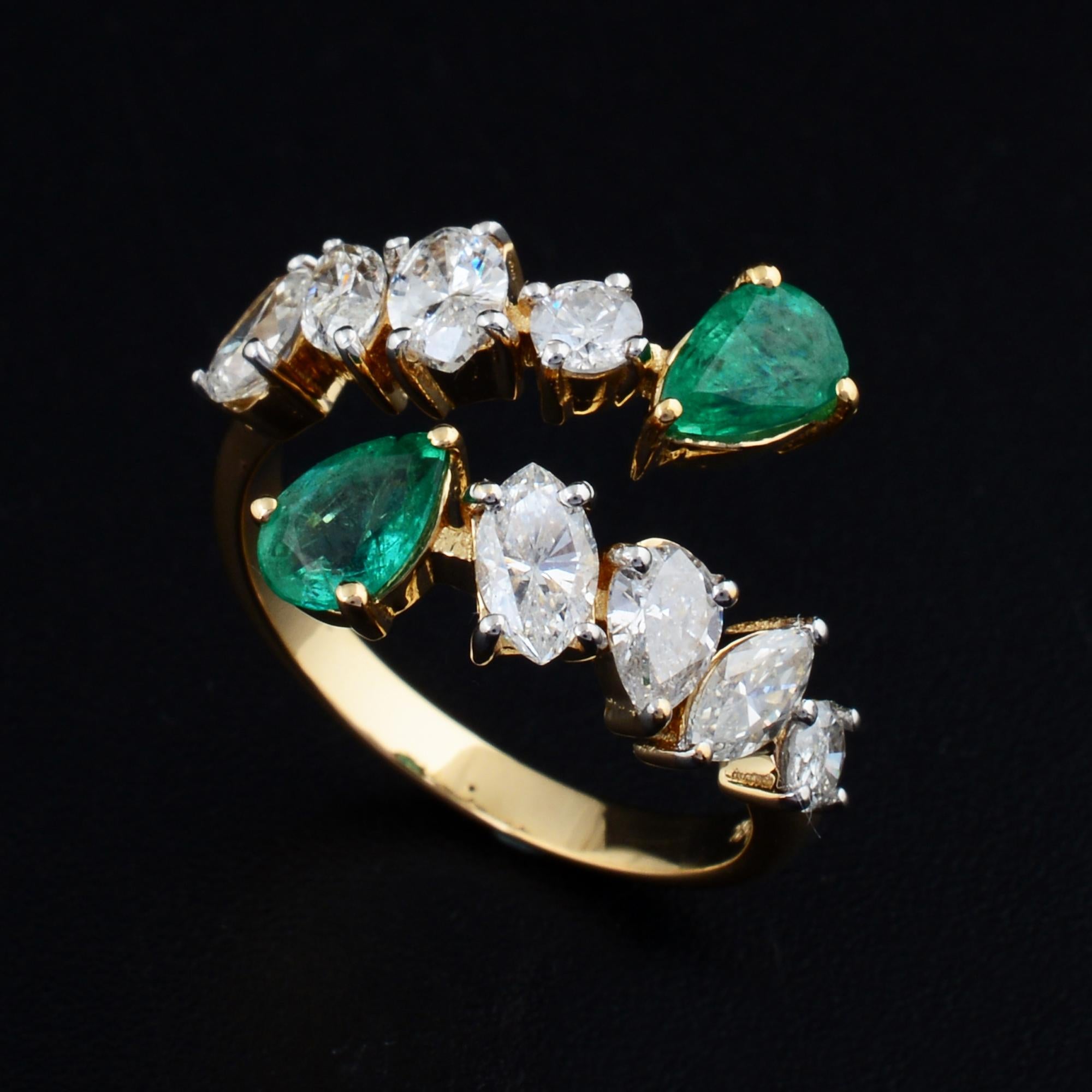 Pear Emerald Gemstone Cuff Wrap Ring Diamond 14k Yellow Gold Handmade Jewelry For Sale 1
