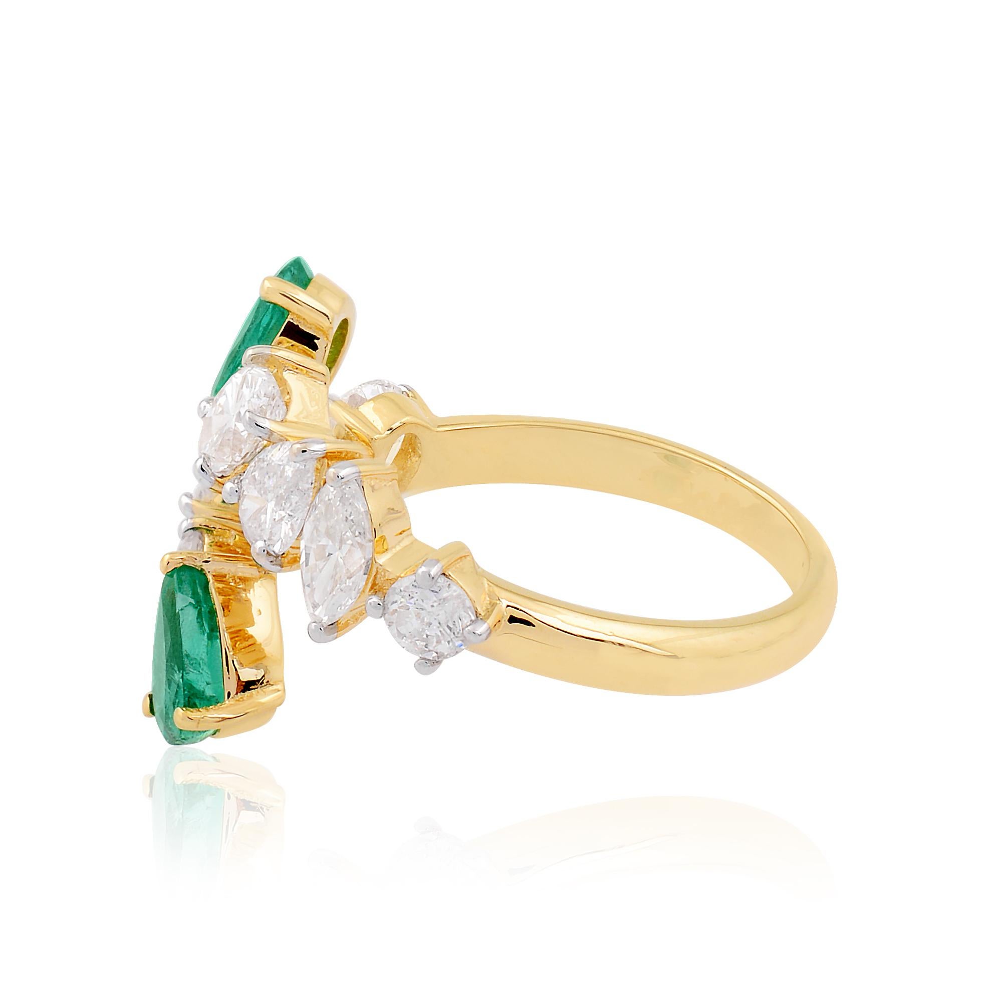 Pear Emerald Gemstone Cuff Wrap Ring Diamond 14k Yellow Gold Handmade Jewelry For Sale 2