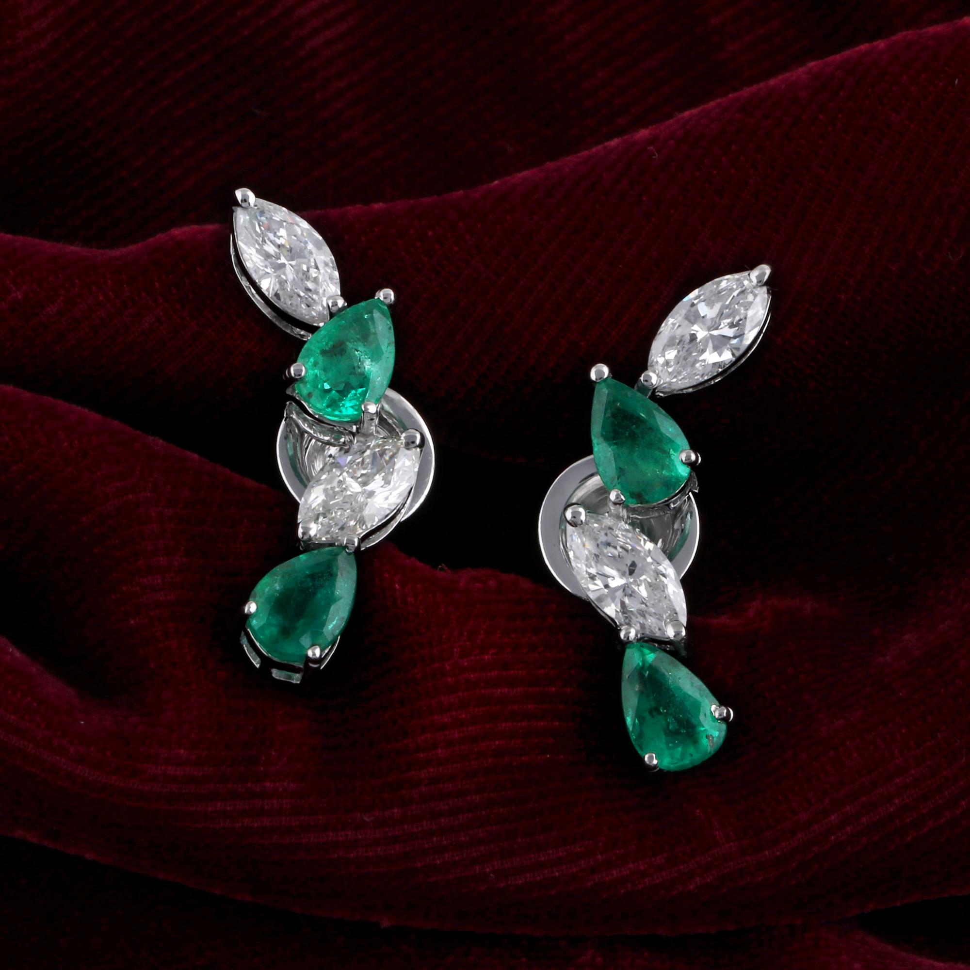 Modern Pear Emerald Gemstone Ear Climber Earrings Diamond 14k White Gold Fine Jewelry For Sale