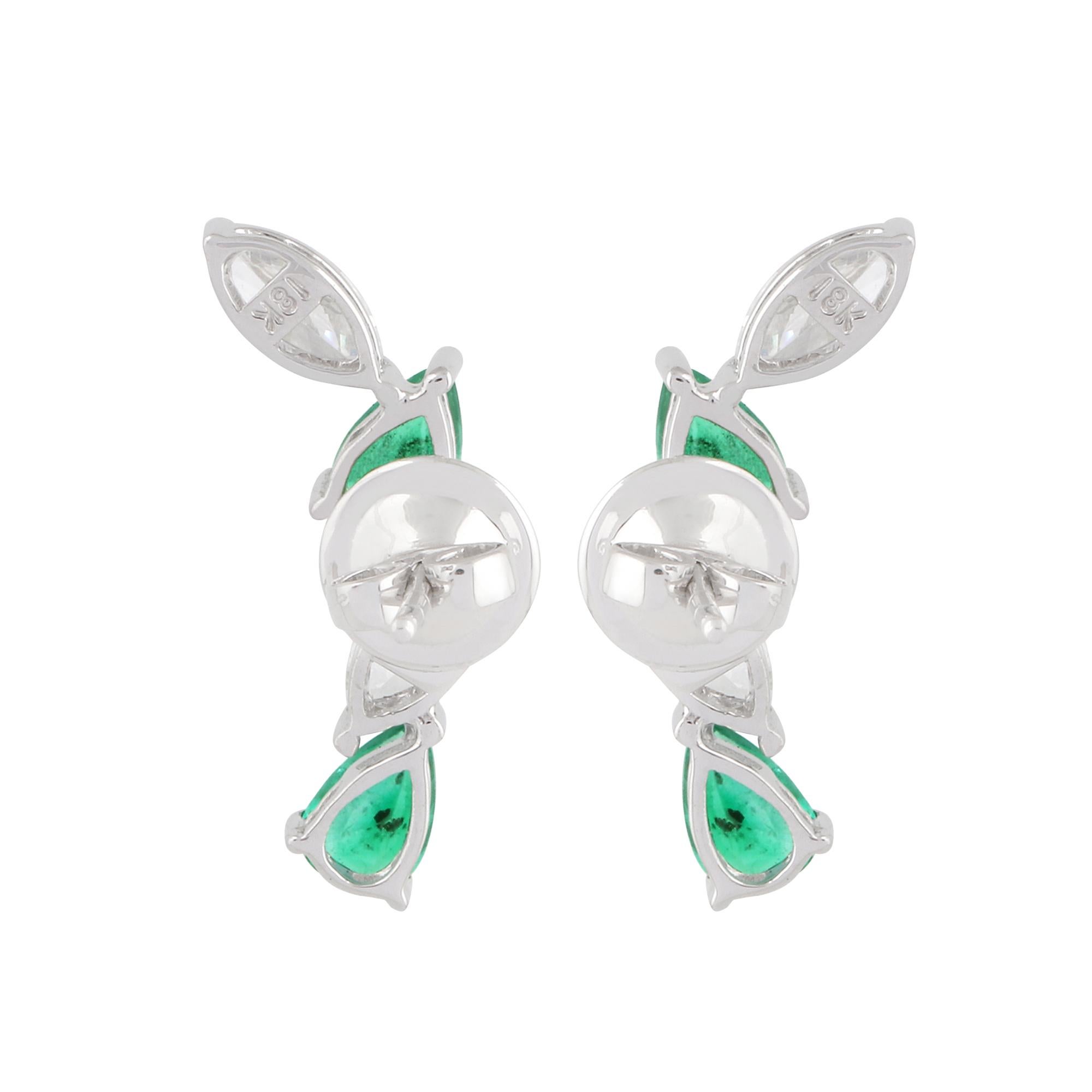 Modern Pear Emerald Gemstone Ear Climber Earrings Diamond 14k White Gold Fine Jewelry For Sale
