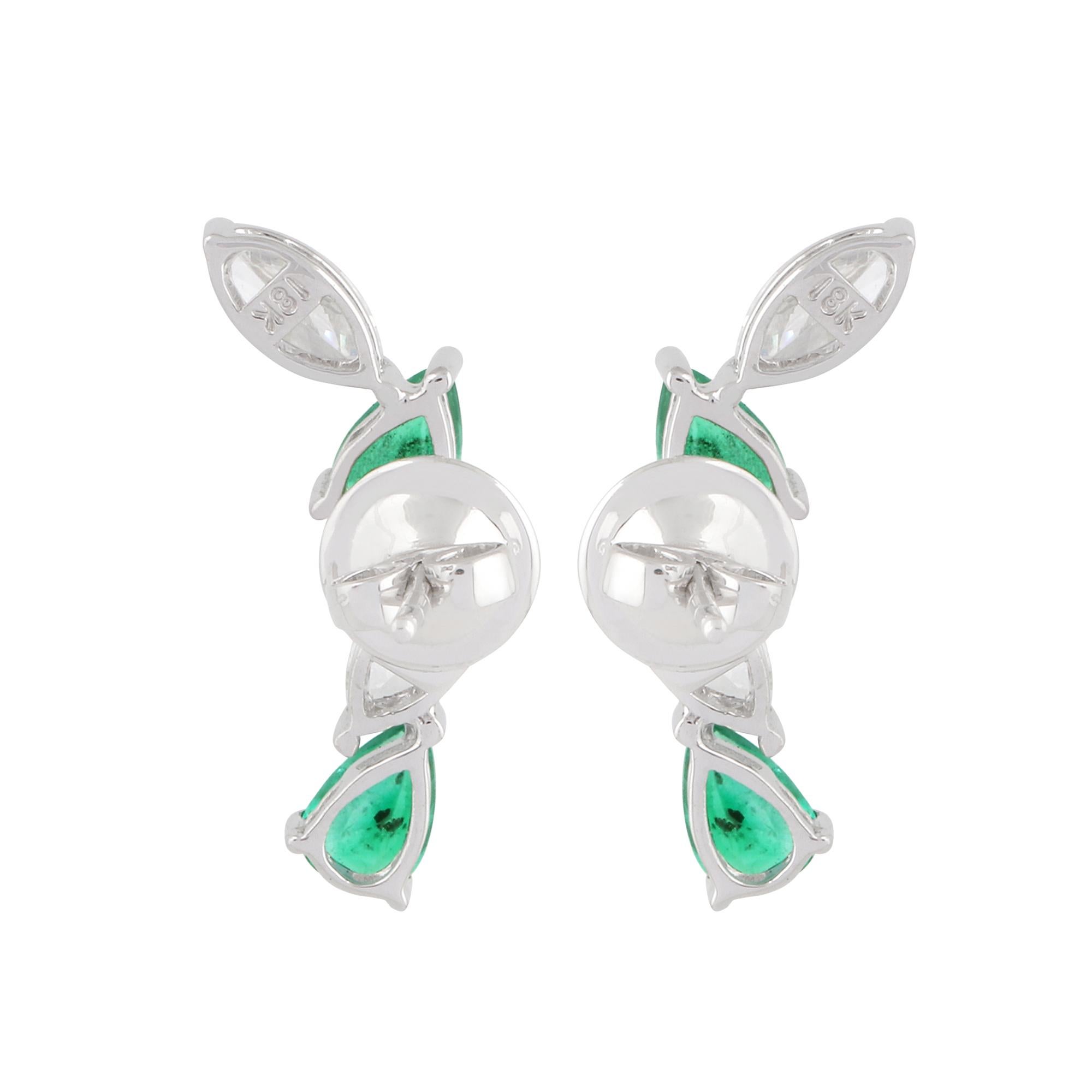 Pear Cut Pear Emerald Gemstone Ear Climber Earrings Diamond 14k White Gold Fine Jewelry For Sale